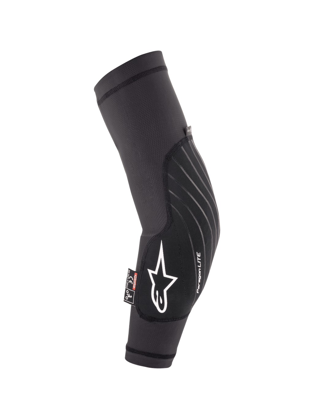 Młodzieżowe ochraniacze na łokcie Alpinestars Paragon Lite, czarne, lekka ochrona do jazdy na rowerze górskim MTB, oddychający rękaw z siatki z białym logo gwiazdy i brandingiem Paragon LITE, ergonomiczna, zakrzywiona konstrukcja z wytrzymałym przednim panelem
