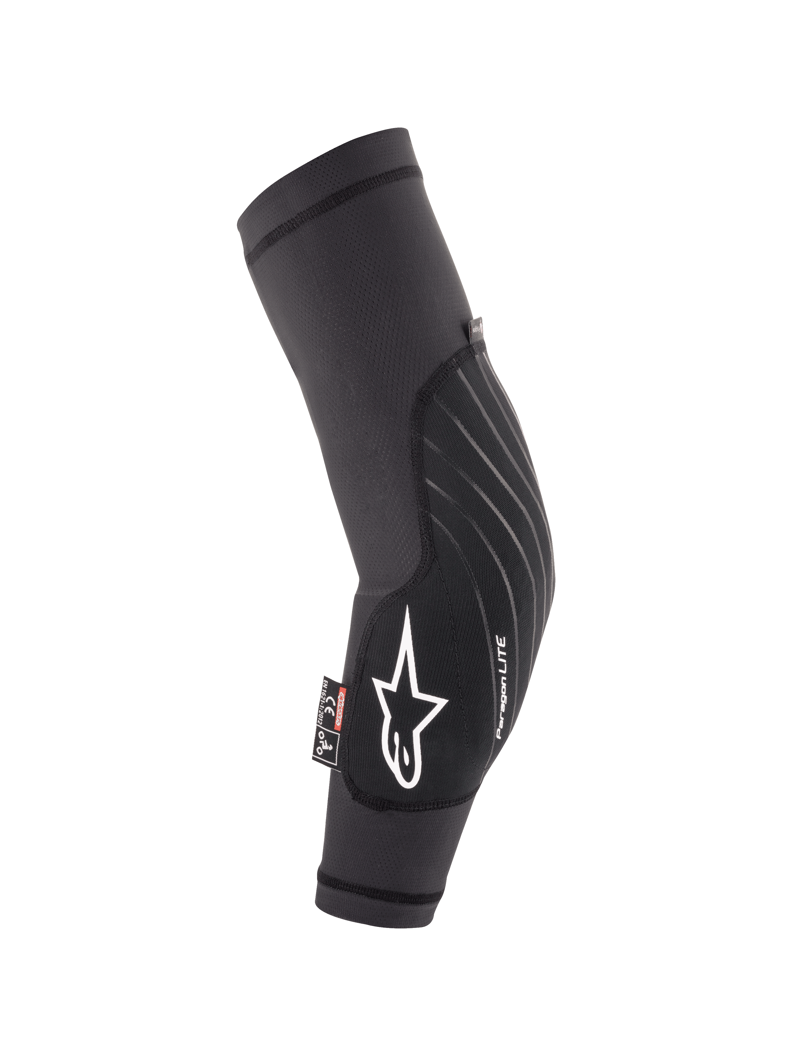 Młodzieżowe ochraniacze na łokcie Alpinestars Paragon Lite, czarne, lekka ochrona do jazdy na rowerze górskim MTB, oddychający rękaw z siatki z białym logo gwiazdy i brandingiem Paragon LITE, ergonomiczna, zakrzywiona konstrukcja z wytrzymałym przednim panelem