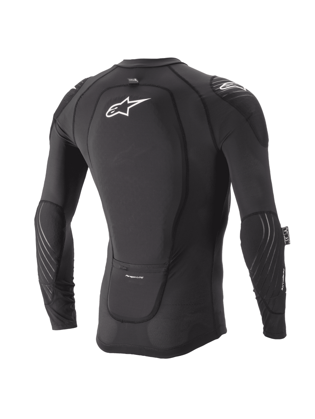 Alpinestars Youth Paragon Lite Protection Jacket, młodzieżowa kurtka ochronna z długim rękawem, czarna, widok z tyłu pokazujący zintegrowany ochraniacz pleców i białe logo, oddychające siatkowe rękawy z ochraniaczami łokci, lekka zbroja MTB