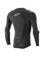 Alpinestars Youth Paragon Lite Protection Jacket, młodzieżowa kurtka ochronna z długim rękawem, czarna, widok z tyłu pokazujący zintegrowany ochraniacz pleców i białe logo, oddychające siatkowe rękawy z ochraniaczami łokci, lekka zbroja MTB