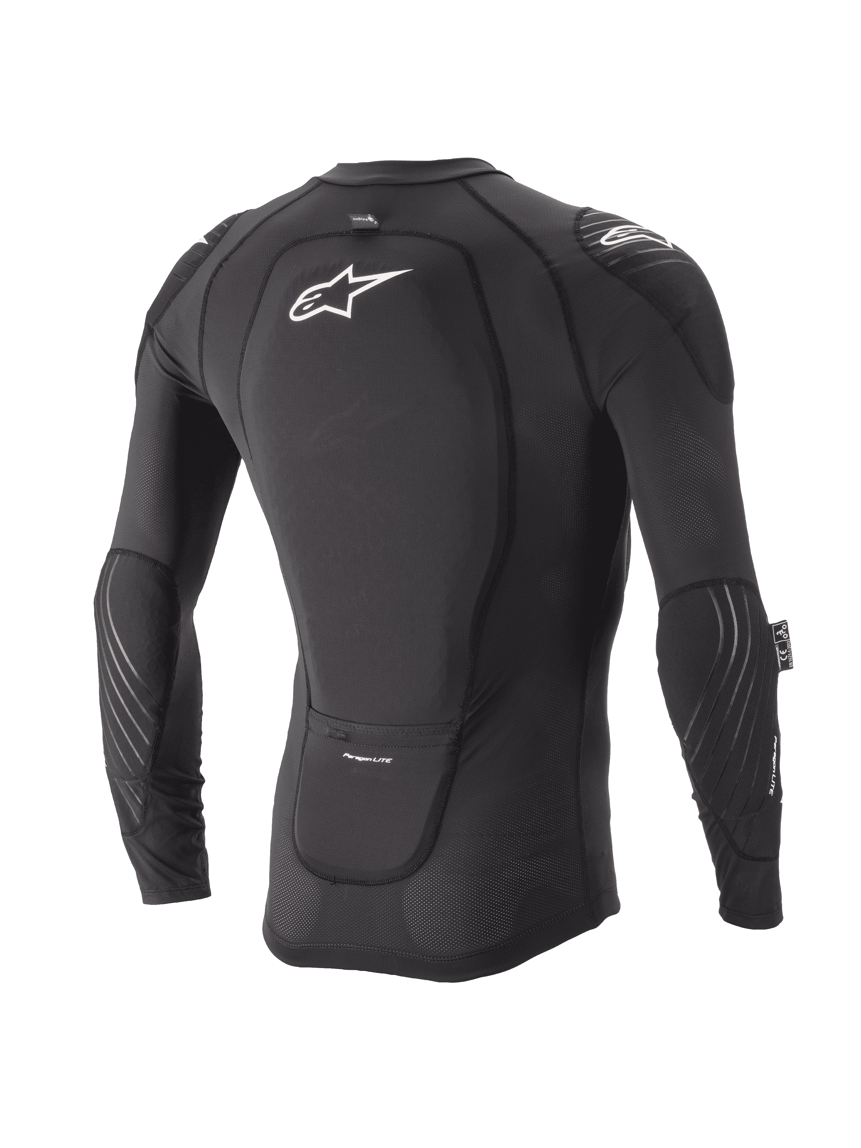 Alpinestars Youth Paragon Lite Protection Jacket, młodzieżowa kurtka ochronna z długim rękawem, czarna, widok z tyłu pokazujący zintegrowany ochraniacz pleców i białe logo, oddychające siatkowe rękawy z ochraniaczami łokci, lekka zbroja MTB