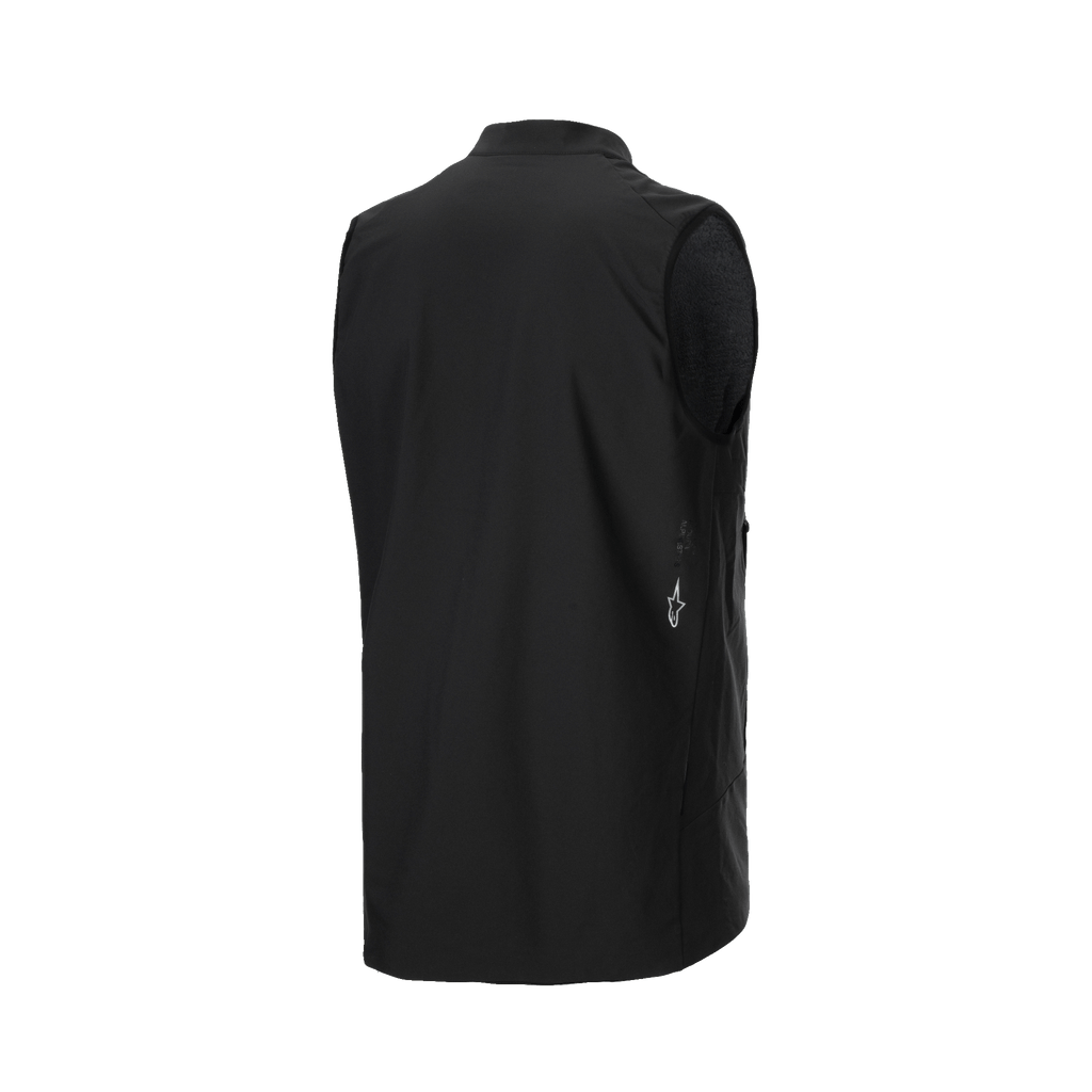 Alpinestars A-Dura Thermal Vest, czarna kamizelka rowerowa, widok z tyłu z boku, gładki materiał i małe białe logo Alpinestars na dole, lekka izolacja termiczna do jazdy na rowerze górskim