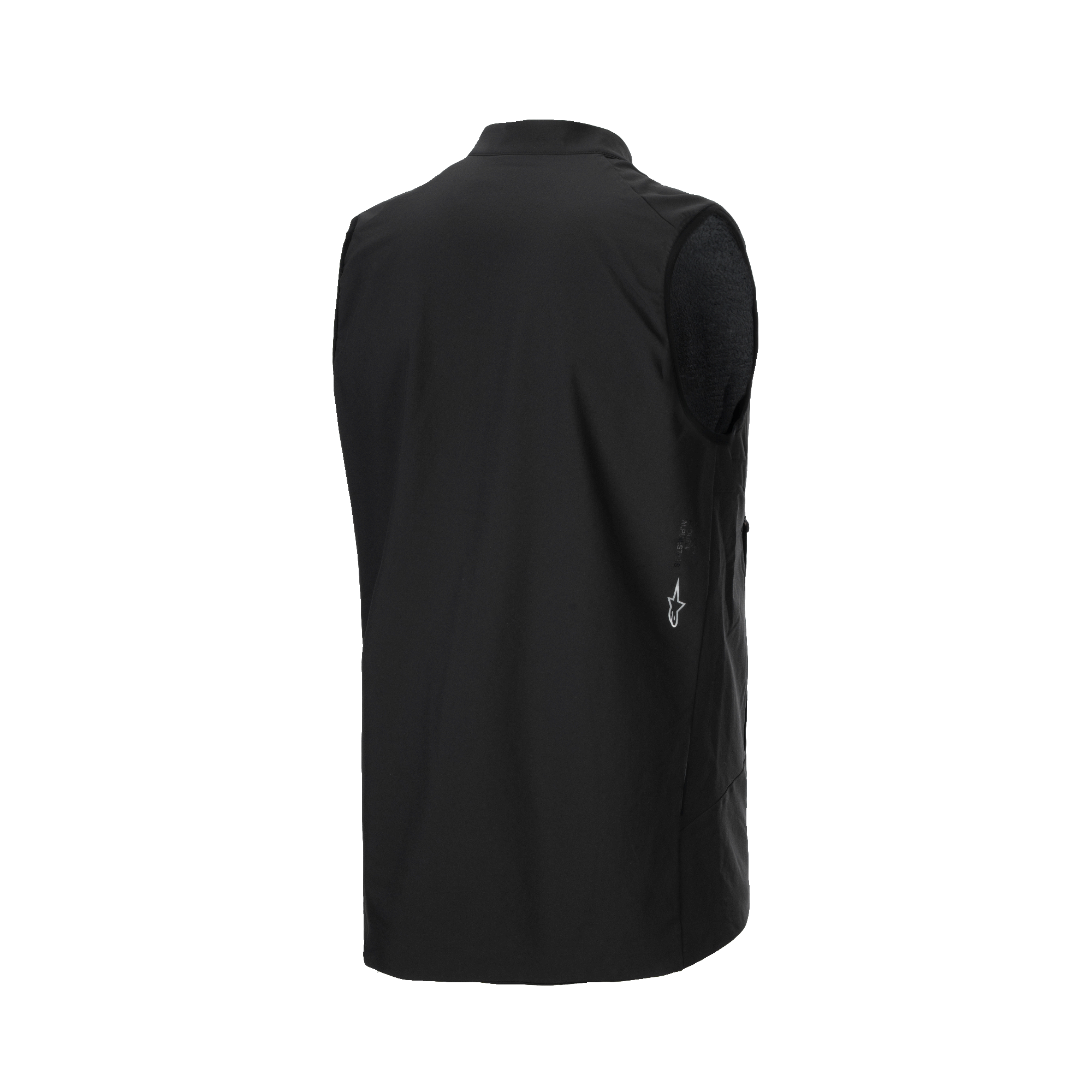 Alpinestars A-Dura Thermal Vest, czarna kamizelka rowerowa, widok z tyłu z boku, gładki materiał i małe białe logo Alpinestars na dole, lekka izolacja termiczna do jazdy na rowerze górskim