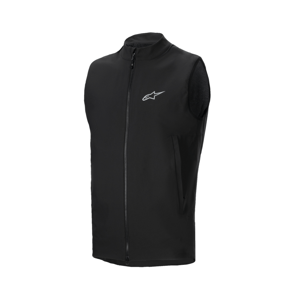 Alpinestars A-Dura Thermal Vest, czarna kamizelka rowerowa, z pełnym zamkiem błyskawicznym z przodu i małym odblaskowym logo Alpinestars na piersi, boczne kieszenie na zamek, lekka ocieplana konstrukcja do jazdy na rowerze górskim w chłodne dni