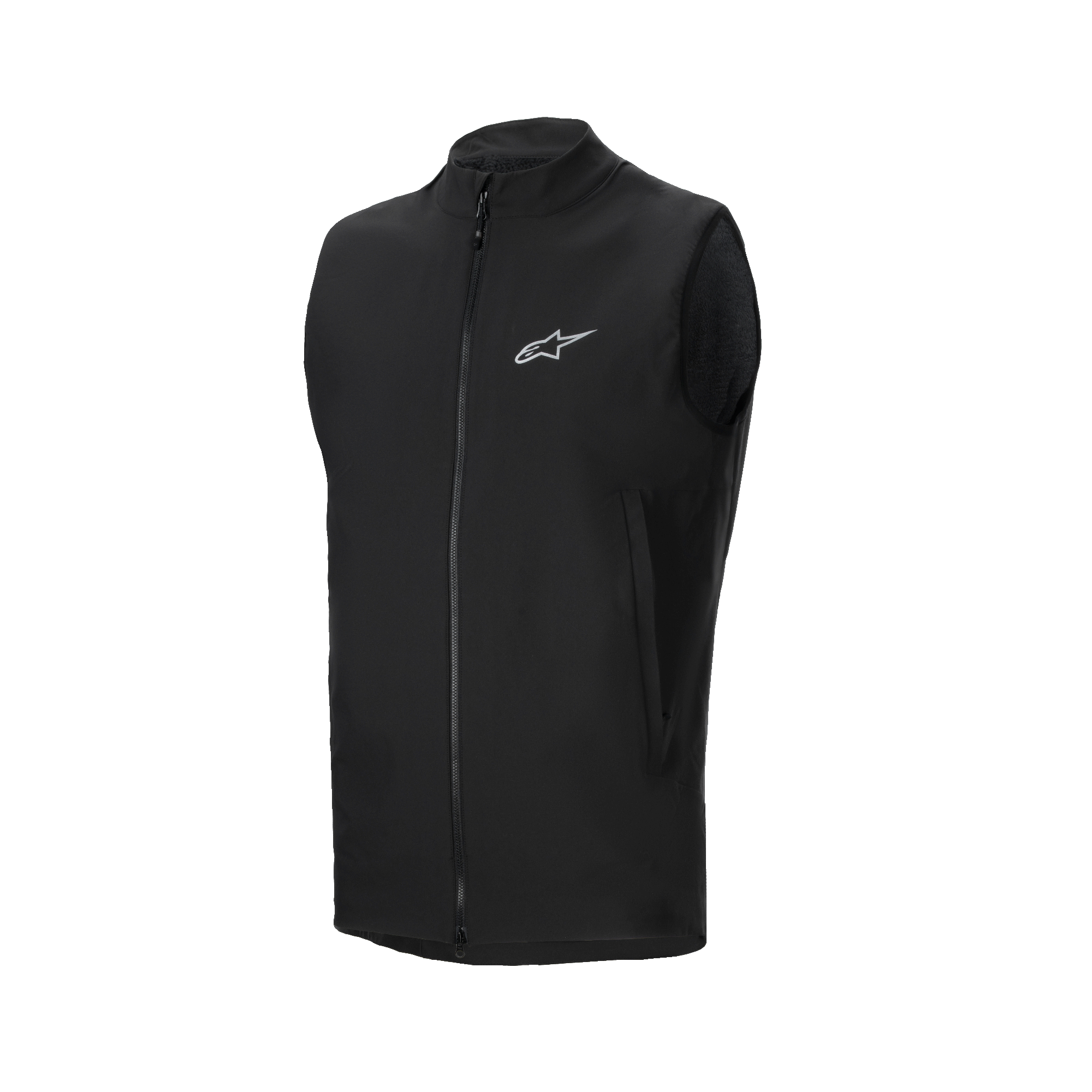 Alpinestars A-Dura Thermal Vest, czarna kamizelka rowerowa, z pełnym zamkiem błyskawicznym z przodu i małym odblaskowym logo Alpinestars na piersi, boczne kieszenie na zamek, lekka ocieplana konstrukcja do jazdy na rowerze górskim w chłodne dni