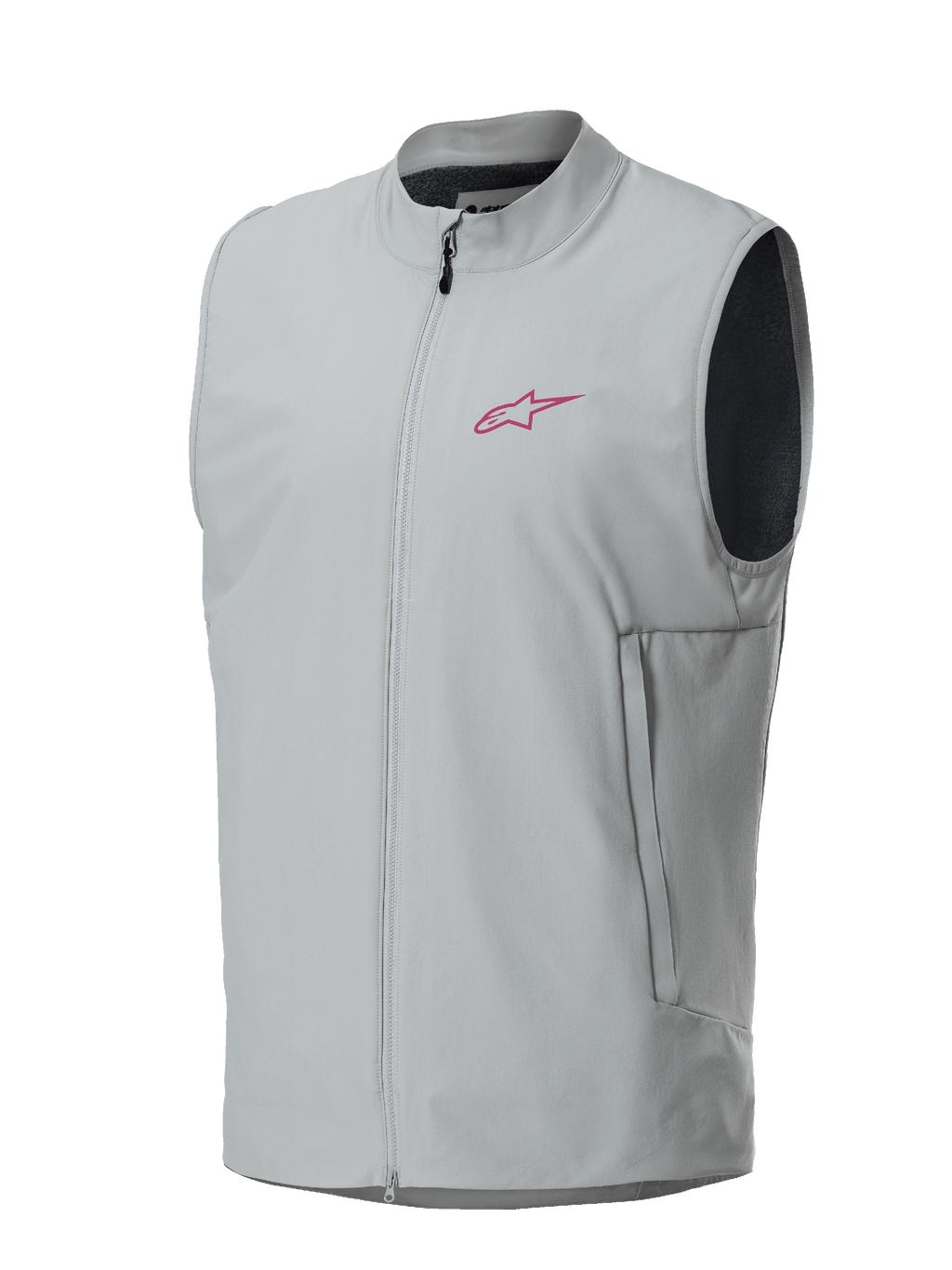 Alpinestars A-Dura Thermal Vest, szara kamizelka termiczna, logo Alpinestars w kolorze magenty na piersi, zamek na całej długości z pionowymi kieszeniami bocznymi, lekka ocieplana kamizelka do jazdy na rowerze górskim i trailu