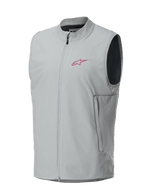 Alpinestars A-Dura Thermal Vest, szara kamizelka termiczna, logo Alpinestars w kolorze magenty na piersi, zamek na całej długości z pionowymi kieszeniami bocznymi, lekka ocieplana kamizelka do jazdy na rowerze górskim i trailu