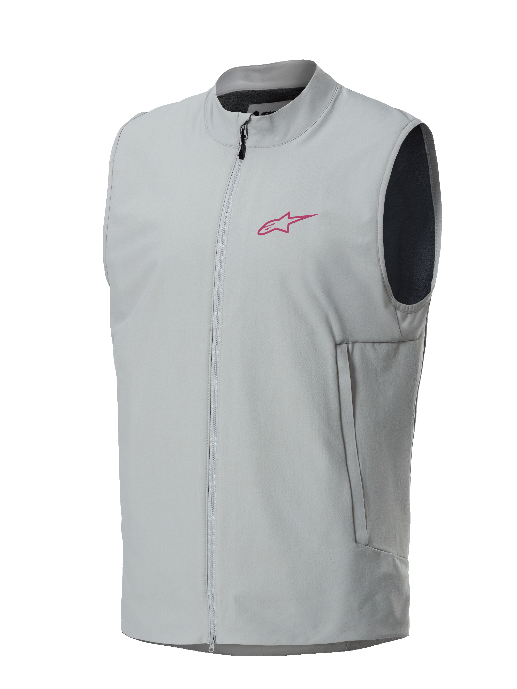 Alpinestars A-Dura Thermal Vest, szara kamizelka termiczna, logo Alpinestars w kolorze magenty na piersi, zamek na całej długości z pionowymi kieszeniami bocznymi, lekka ocieplana kamizelka do jazdy na rowerze górskim i trailu