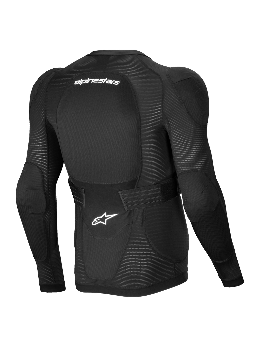 Alpinestars Kurtka Ochronna A-Impact Plasma, męska kurtka ochronna MTB z długim rękawem, czarna i biała, certyfikat CE poziomu 2, widok z tyłu przedstawiający oddychającą siatkę i regulowany pas biodrowy