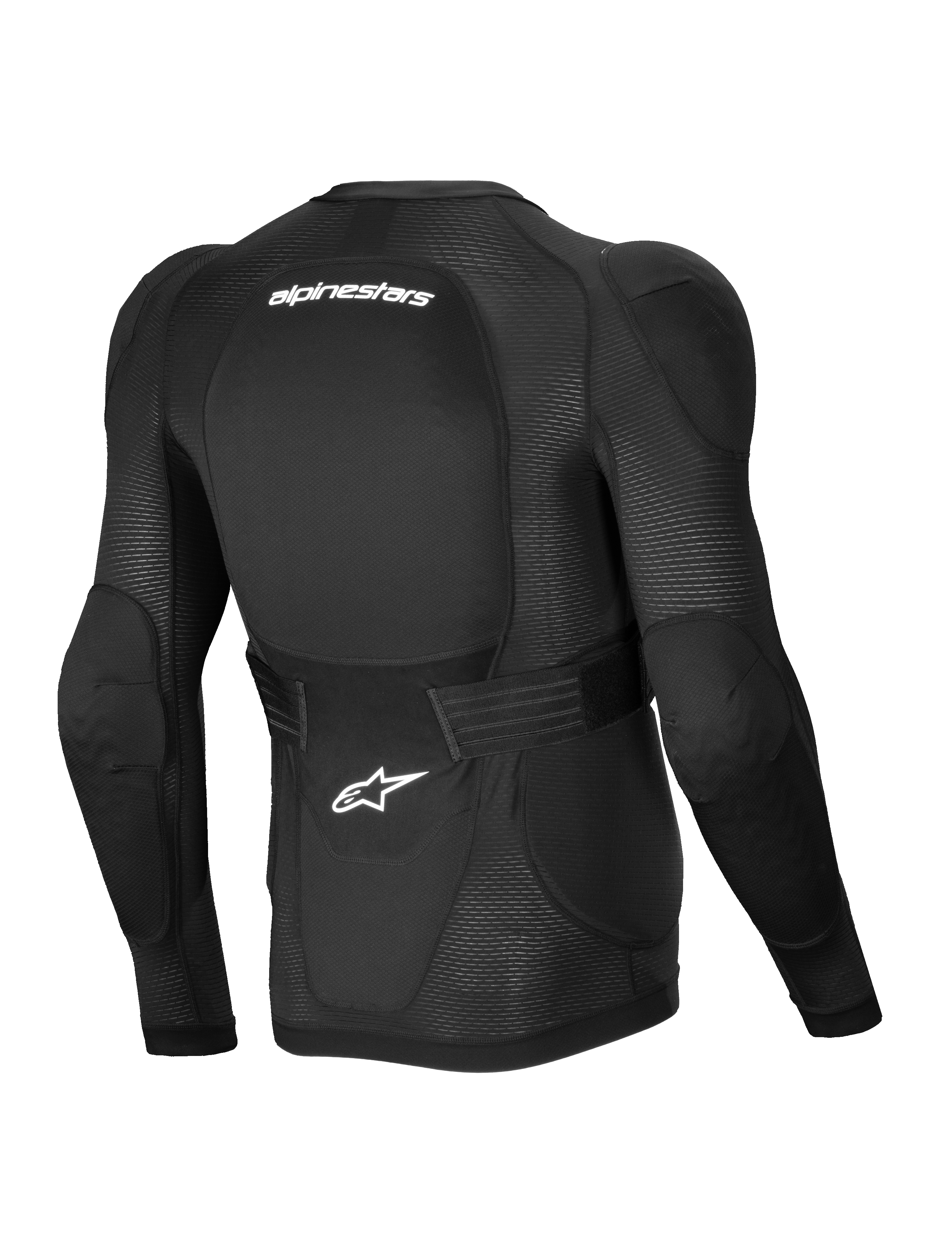 Alpinestars Kurtka Ochronna A-Impact Plasma, męska kurtka ochronna MTB z długim rękawem, czarna i biała, certyfikat CE poziomu 2, widok z tyłu przedstawiający oddychającą siatkę i regulowany pas biodrowy