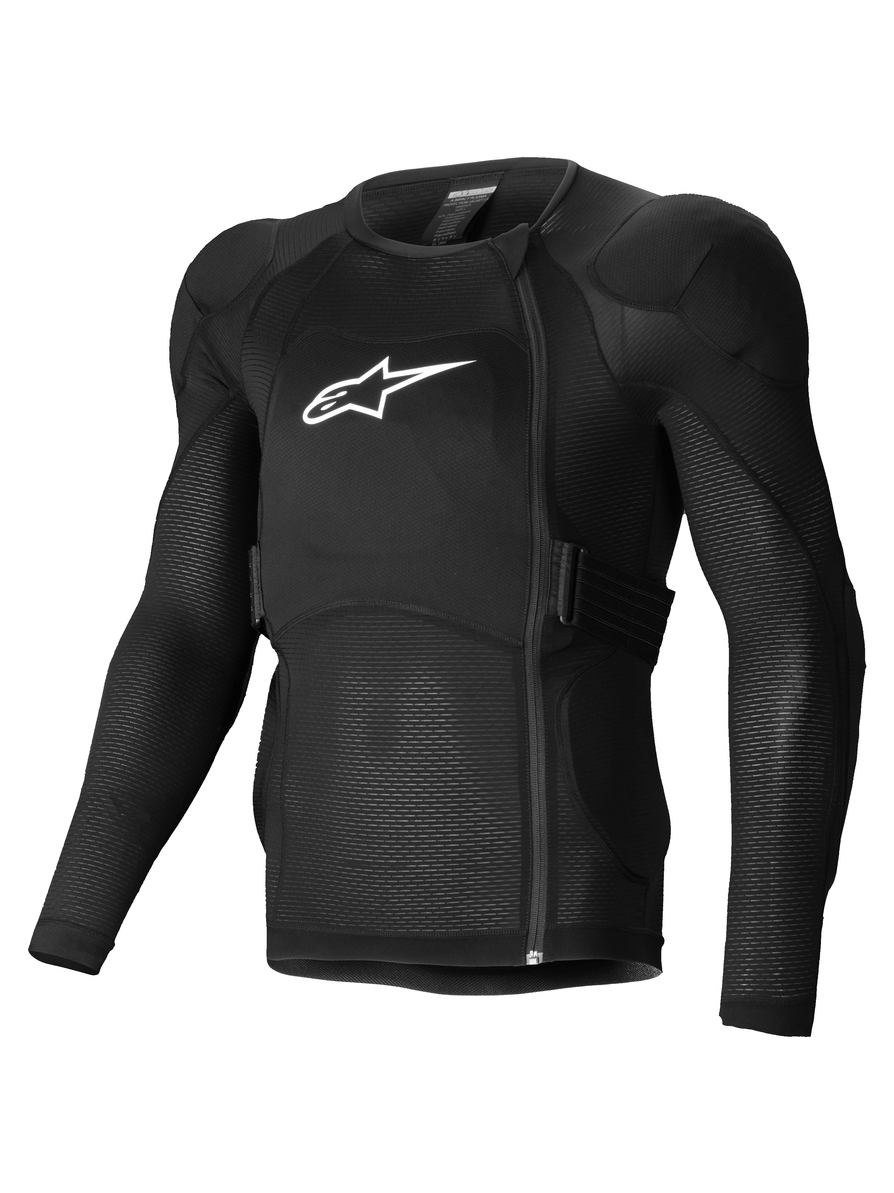 Kurtka Ochronna A-Impact Plasma, czarna kurtka ochronna z długim rękawem, białe logo Alpinestars, oddychająca elastyczna siatka, certyfikowane ochraniacze Nucleon Plasma poziom 2