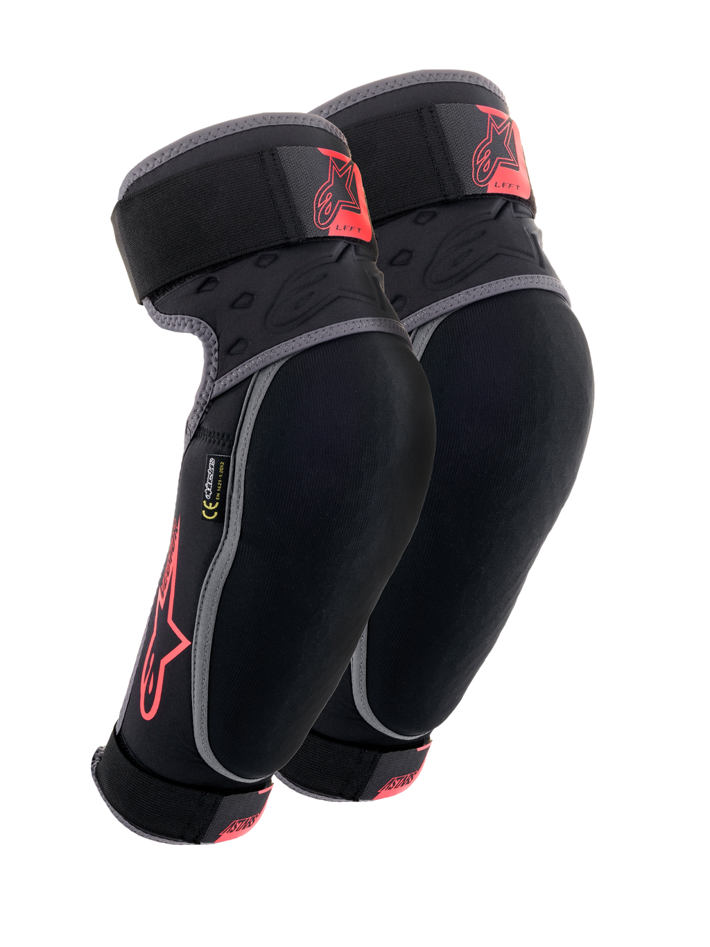 Alpinestars Vector Elbow Protectors, czarne, antracytowe i czerwone, ochraniacze na łokcie MTB, para ochraniaczy z szarymi lamówkami, czerwone logo z gwiazdą i branding Vector, regulowane paski oraz ergonomiczne dopasowanie kompresyjne