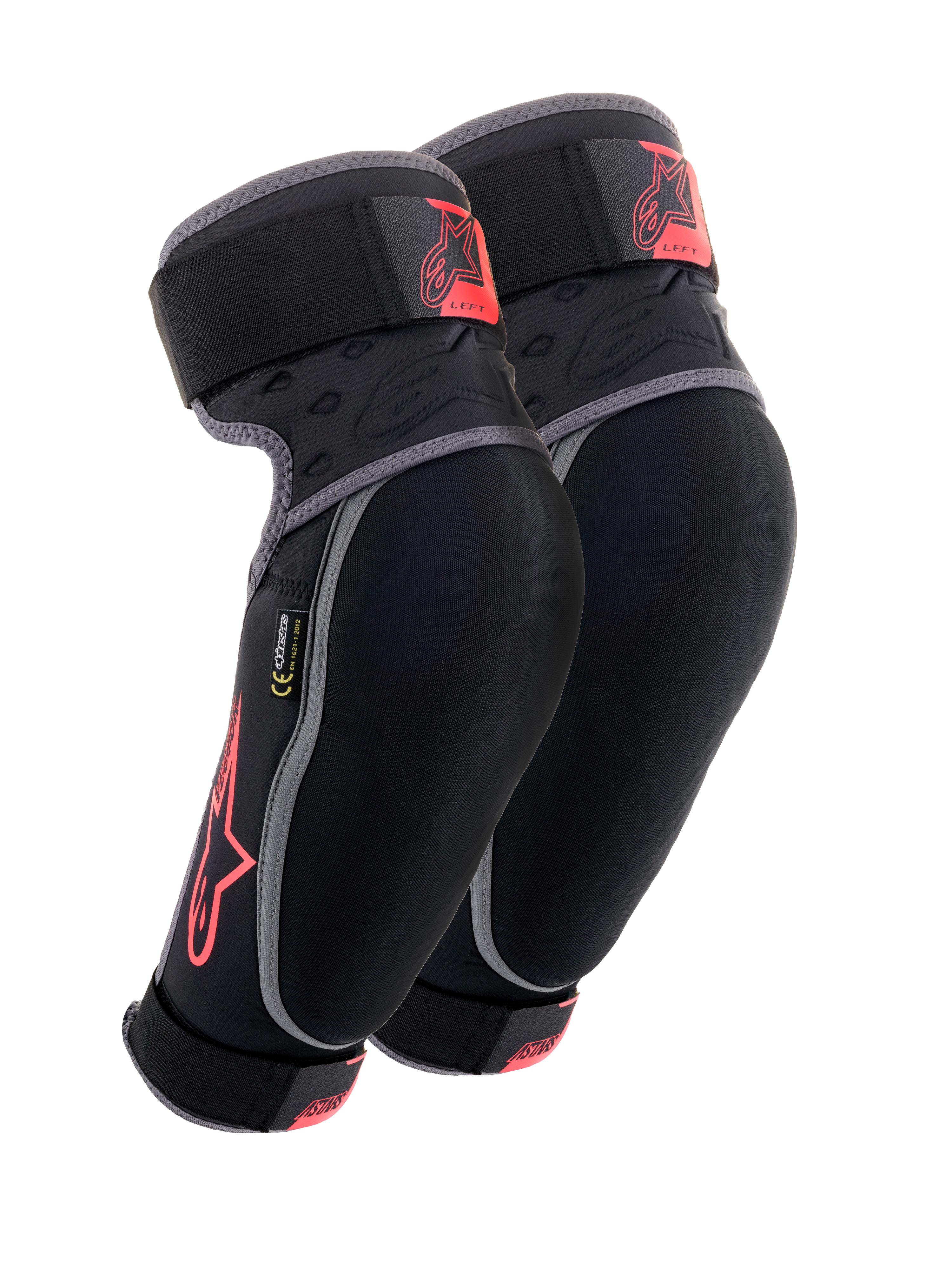 Alpinestars Vector Elbow Protectors, czarne, antracytowe i czerwone, ochraniacze na łokcie MTB, para ochraniaczy z szarymi lamówkami, czerwone logo z gwiazdą i branding Vector, regulowane paski oraz ergonomiczne dopasowanie kompresyjne