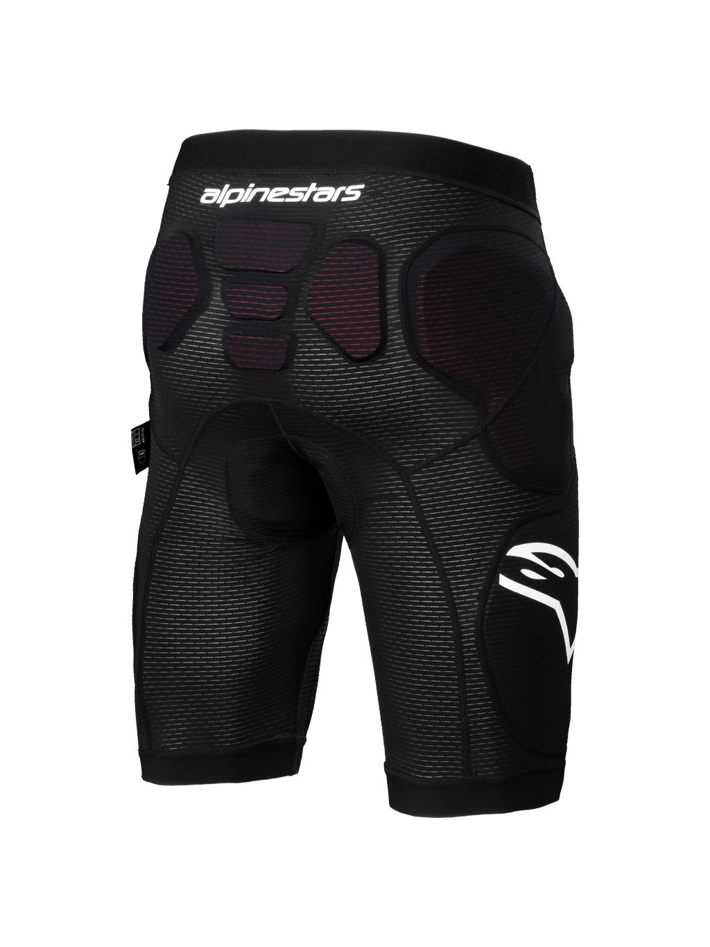 Alpinestars A-Impact Plasma Protection Shorts, rowerowe spodenki ochronne, czarno-białe, widok z tyłu przedstawiający zintegrowane ochraniacze na biodrach i dolnej części kręgosłupa, oddychająca tkanina siatkowa z białym logo, przeznaczone do enduro i jazdy grawitacyjnej.