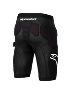Alpinestars A-Impact Plasma Protection Shorts, rowerowe spodenki ochronne, czarno-białe, widok z tyłu przedstawiający zintegrowane ochraniacze na biodrach i dolnej części kręgosłupa, oddychająca tkanina siatkowa z białym logo, przeznaczone do enduro i jazdy grawitacyjnej.