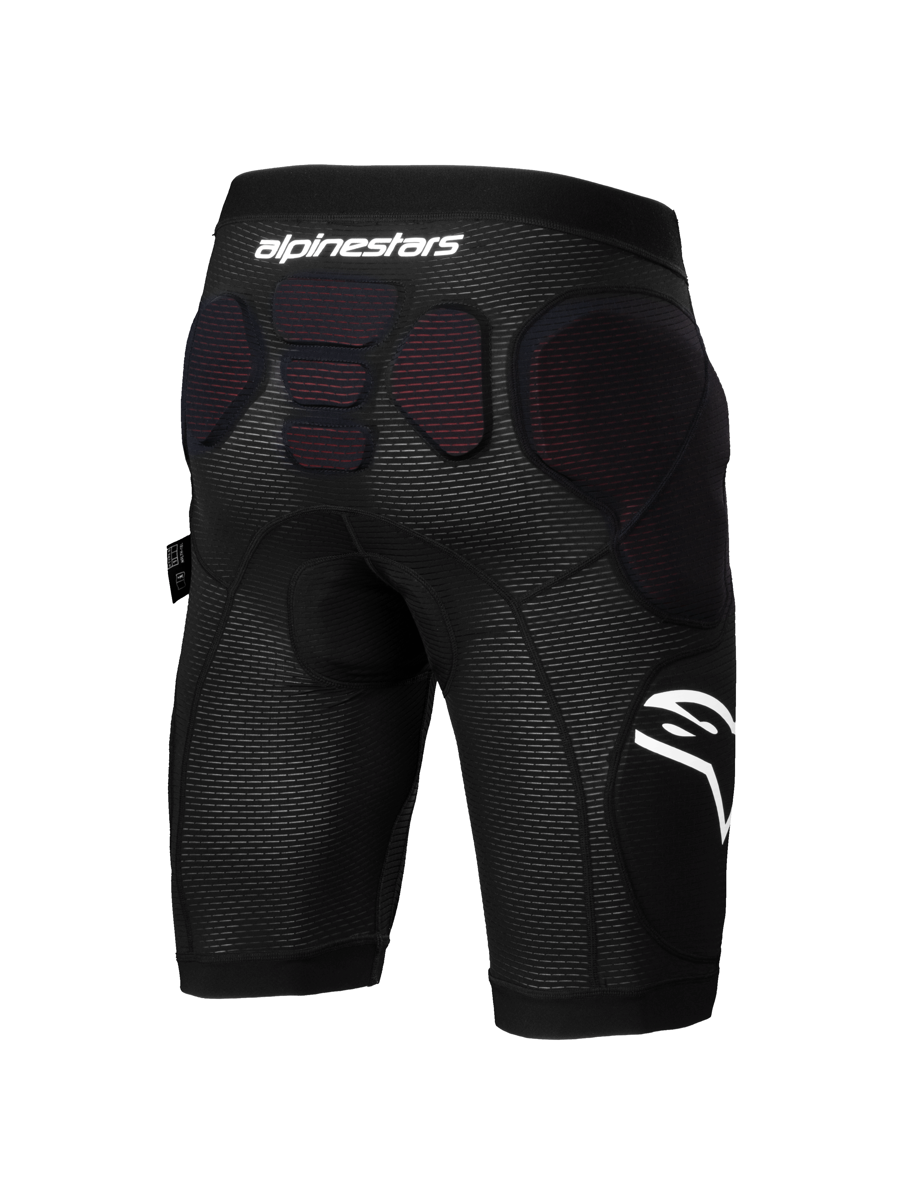 Alpinestars A-Impact Plasma Protection Shorts, rowerowe spodenki ochronne, czarno-białe, widok z tyłu przedstawiający zintegrowane ochraniacze na biodrach i dolnej części kręgosłupa, oddychająca tkanina siatkowa z białym logo, przeznaczone do enduro i jazdy grawitacyjnej.