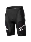 Spodenki ochronne Alpinestars A-Impact Plasma, rowerowe spodenki ochronne MTB, czarne, zintegrowane ochraniacze bioder i ud, teksturowane panele żebrowane, białe akcenty z logo, dopasowany oddychający materiał elastyczny