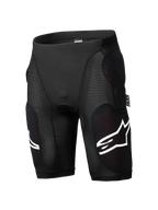 Spodenki ochronne Alpinestars A-Impact Plasma, rowerowe spodenki ochronne MTB, czarne, zintegrowane ochraniacze bioder i ud, teksturowane panele żebrowane, białe akcenty z logo, dopasowany oddychający materiał elastyczny