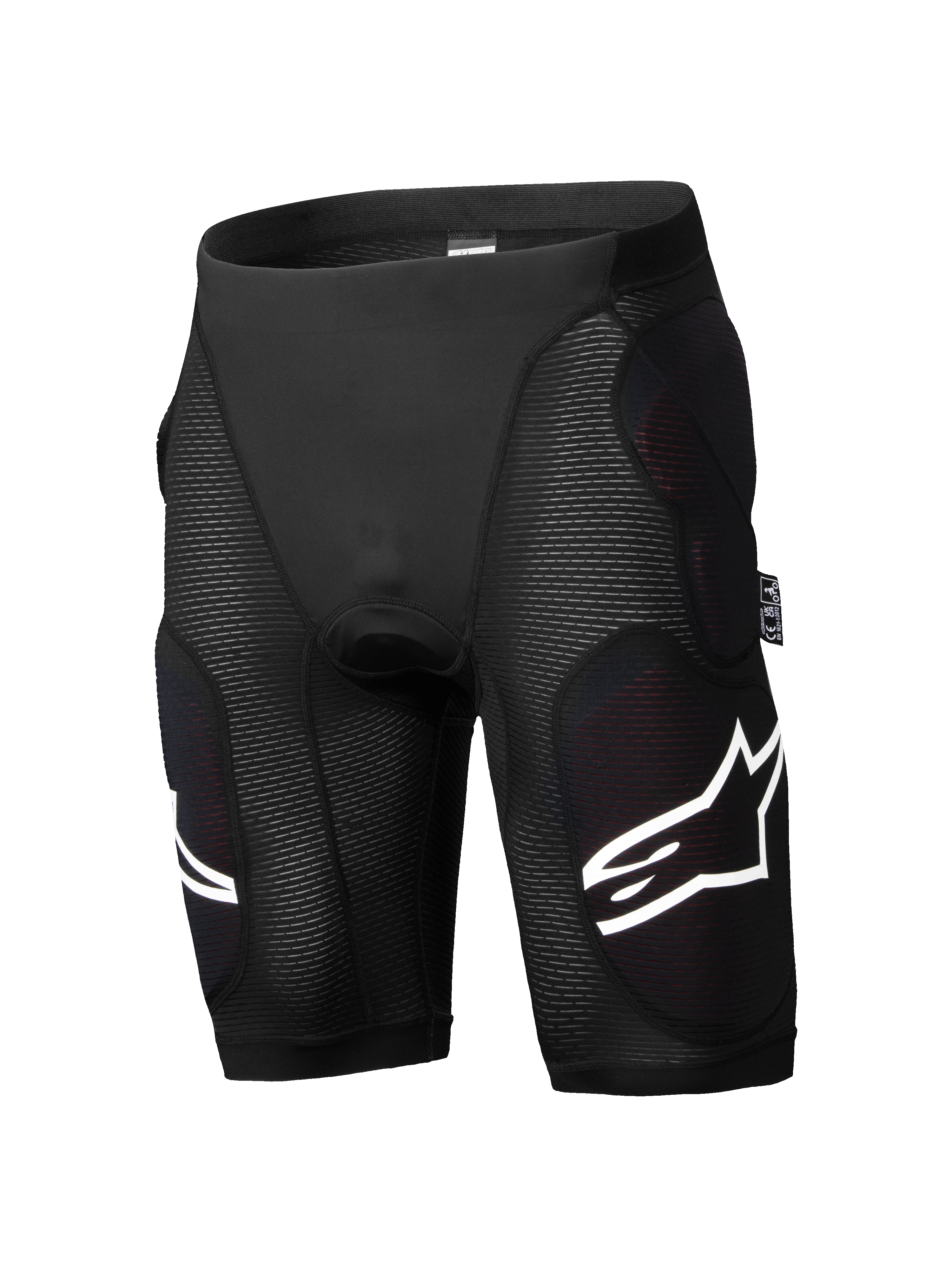 Spodenki ochronne Alpinestars A-Impact Plasma, rowerowe spodenki ochronne MTB, czarne, zintegrowane ochraniacze bioder i ud, teksturowane panele żebrowane, białe akcenty z logo, dopasowany oddychający materiał elastyczny