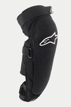 Alpinestars Vector Pro Knee/Shin Protector, Black, featuring a white Alpinestars logo on the knee, textured abrasion-resistant front panel, adjustable hook-and-loop straps, breathable MTB protection gear