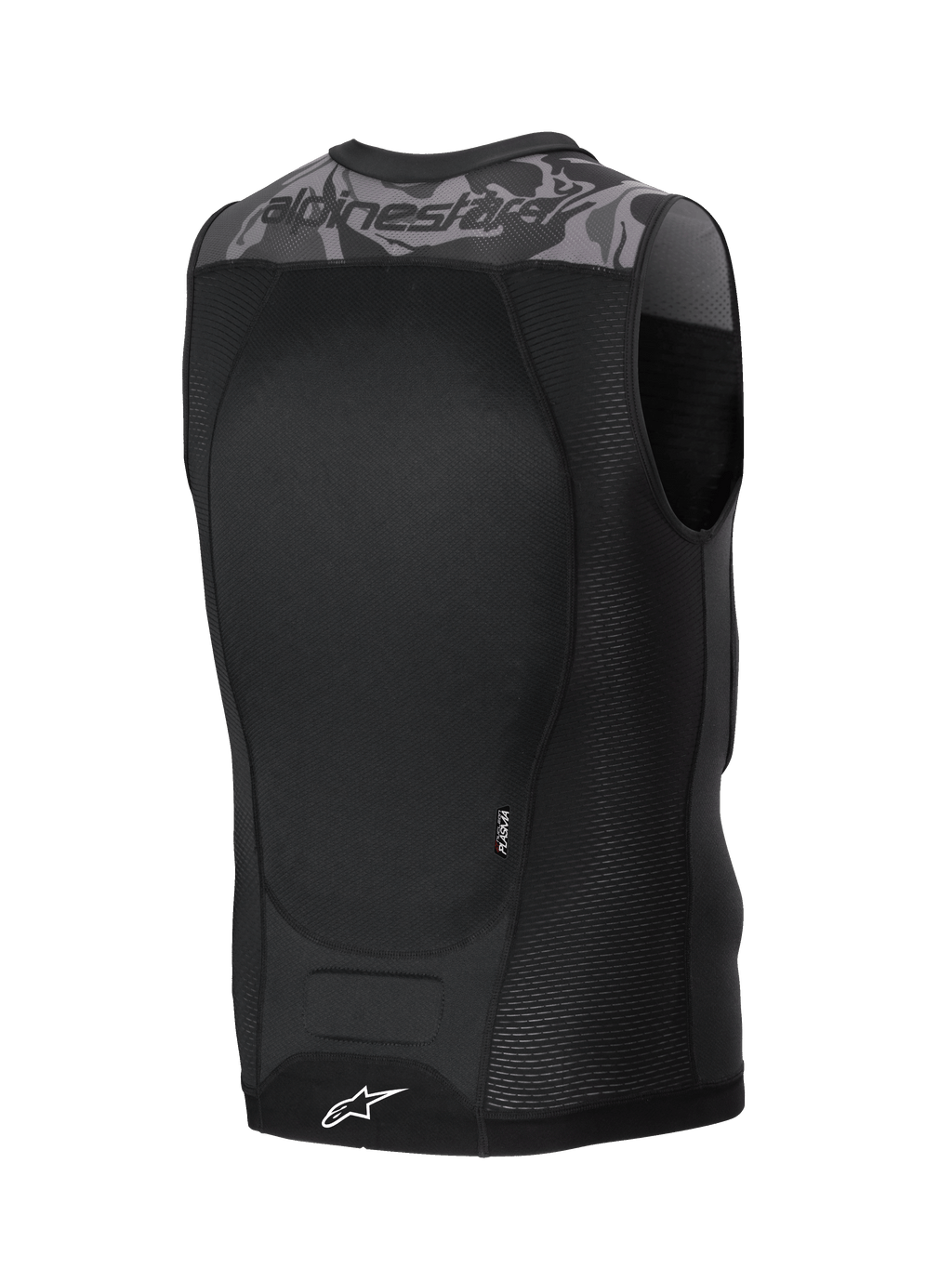 Alpinestars A-Motion Plasma, kamizelka ochronna MTB i off-road, czarno-szary kamuflaż, z ochraniaczem pleców Nucleon Plasma i oddychającą konstrukcją siatkową, widok z tyłu