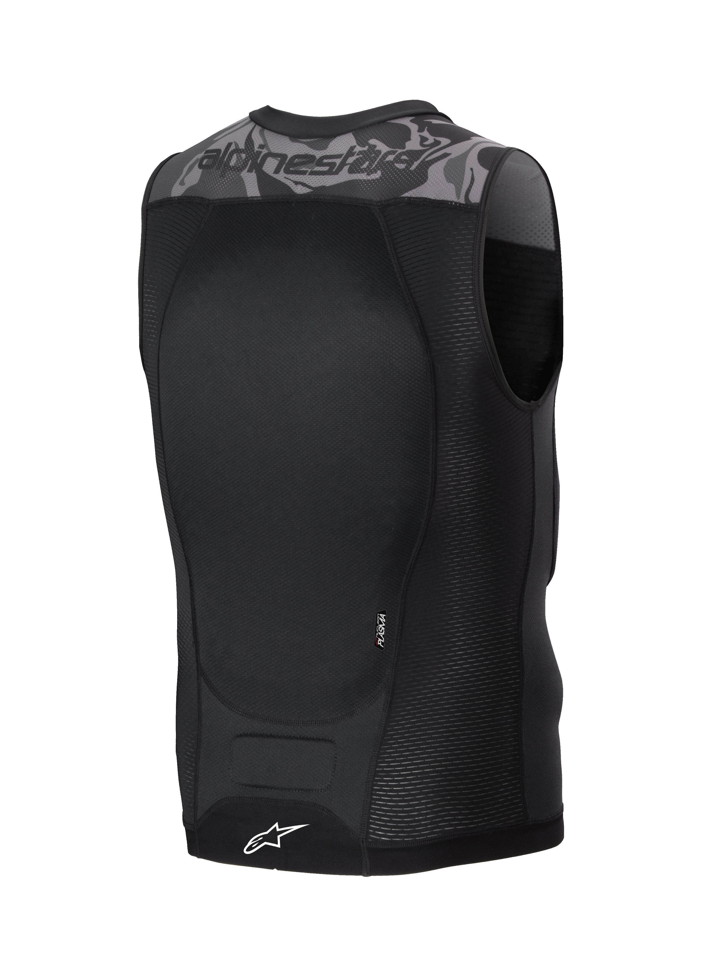 Alpinestars A-Motion Plasma, kamizelka ochronna MTB i off-road, czarno-szary kamuflaż, z ochraniaczem pleców Nucleon Plasma i oddychającą konstrukcją siatkową, widok z tyłu