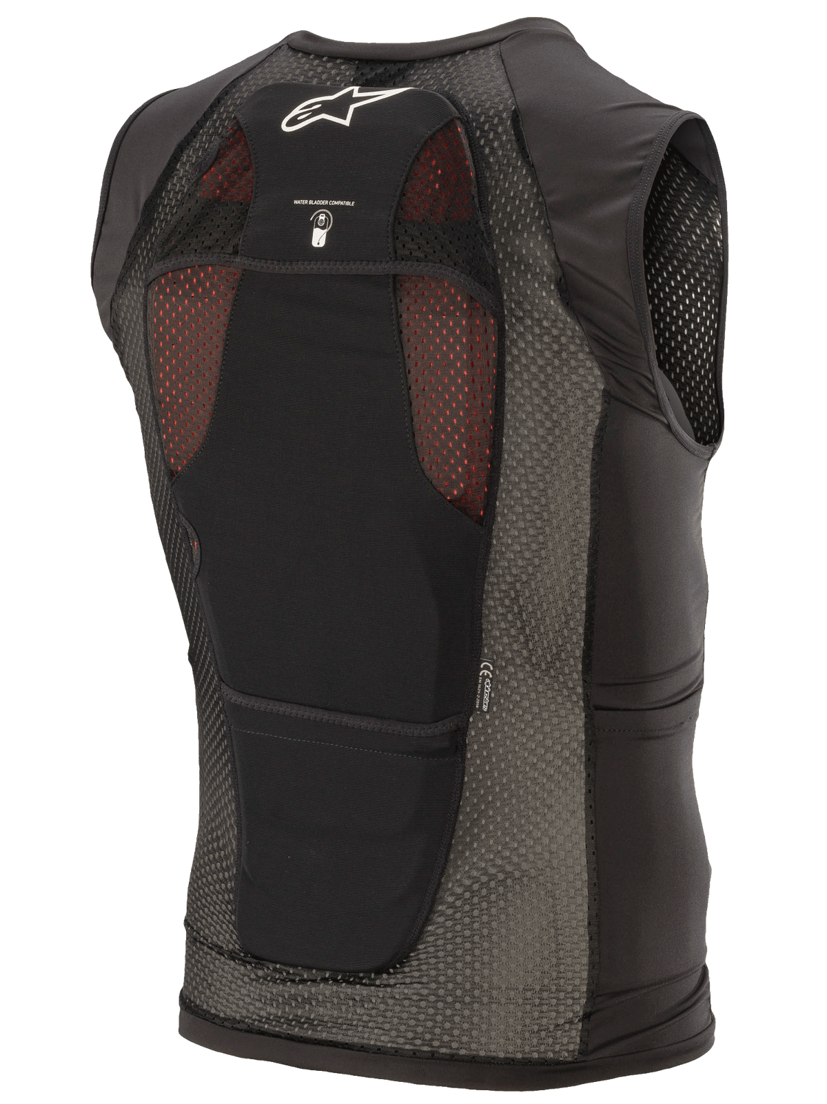 Alpinestars Paragon Plus Protection Vest, czarna, widok z tyłu, lekka konstrukcja z elastycznej siatki mesh, białe logo Astar, ikona kompatybilności z systemem nawadniającym, zintegrowany ochraniacz pleców CE Poziom 1
