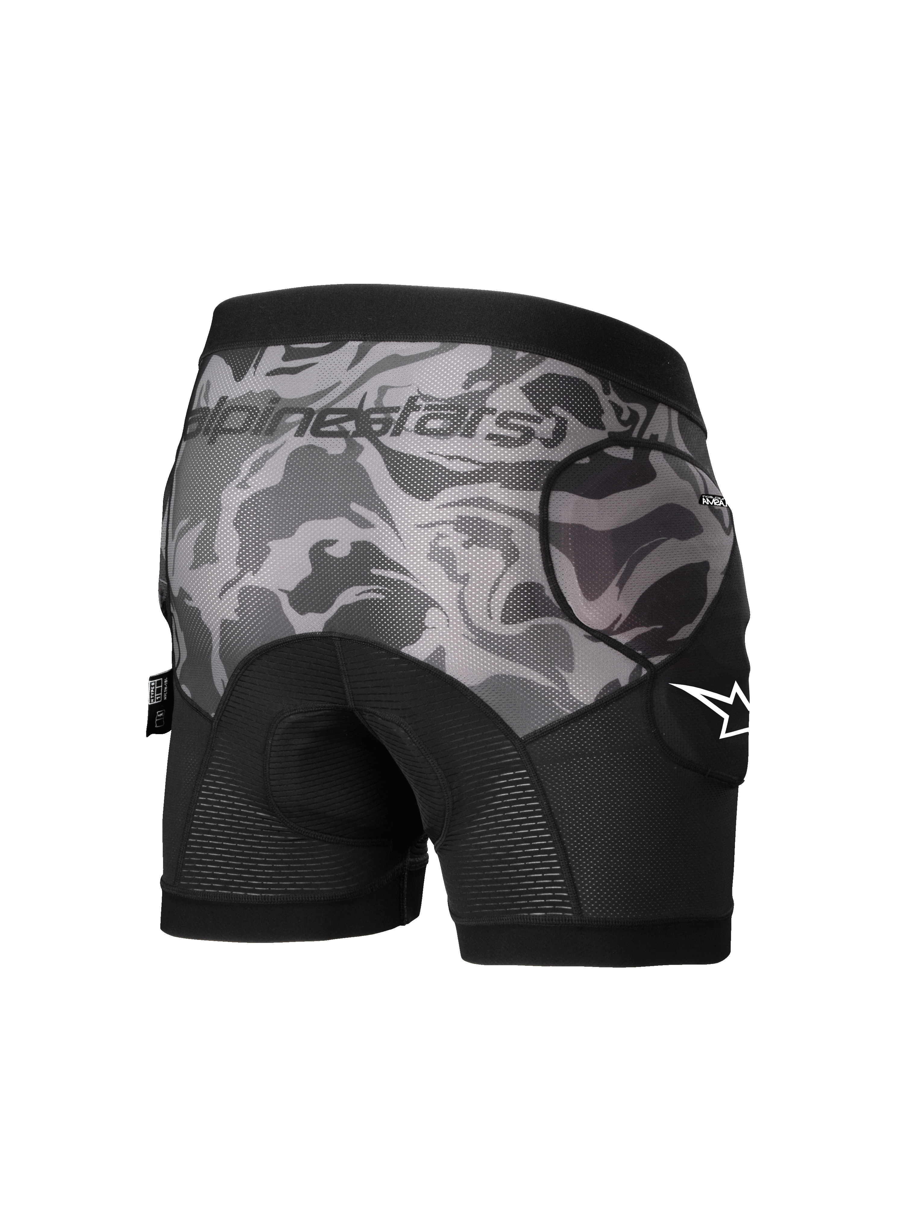 Alpinestars A-Motion Plasma, męskie spodenki ochronne MTB, czarny moro, ochraniacze bioder CE Level 1, widok z tyłu
