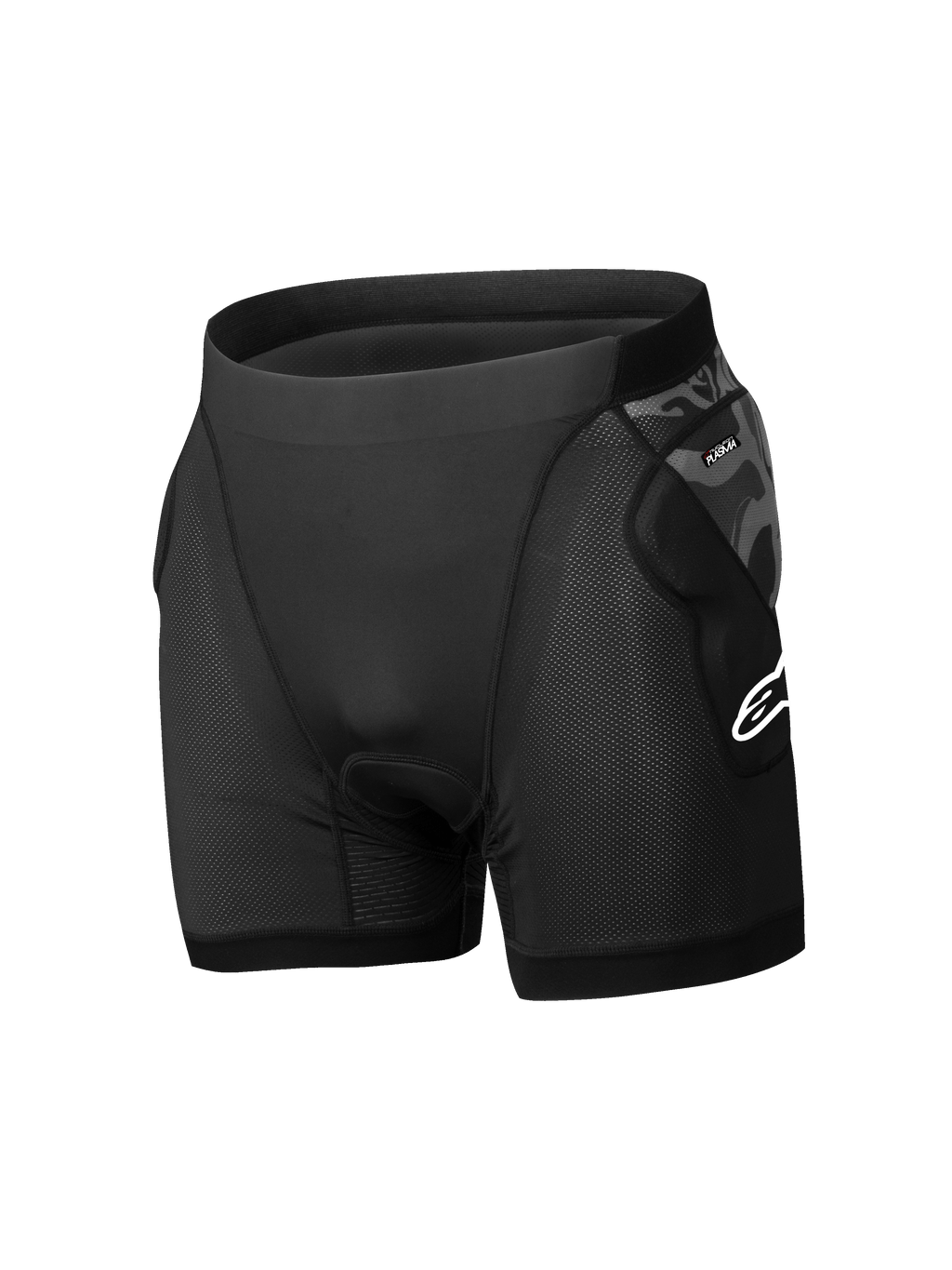 Alpinestars A-Motion Plasma, męskie spodenki ochronne MTB, czarne z kamuflażem, certyfikowane ochraniacze bioder CE poziomu 1, oddychająca siatka