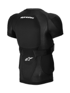 Alpinestars A-Impact Plasma Protection Jacket - krótki rękaw, czarna, widok z tyłu przedstawiający zintegrowany ochraniacz pleców, białe logo Alpinestars, regulowany pasek w talii oraz oddychająca konstrukcja z siatki dla ochrony MTB