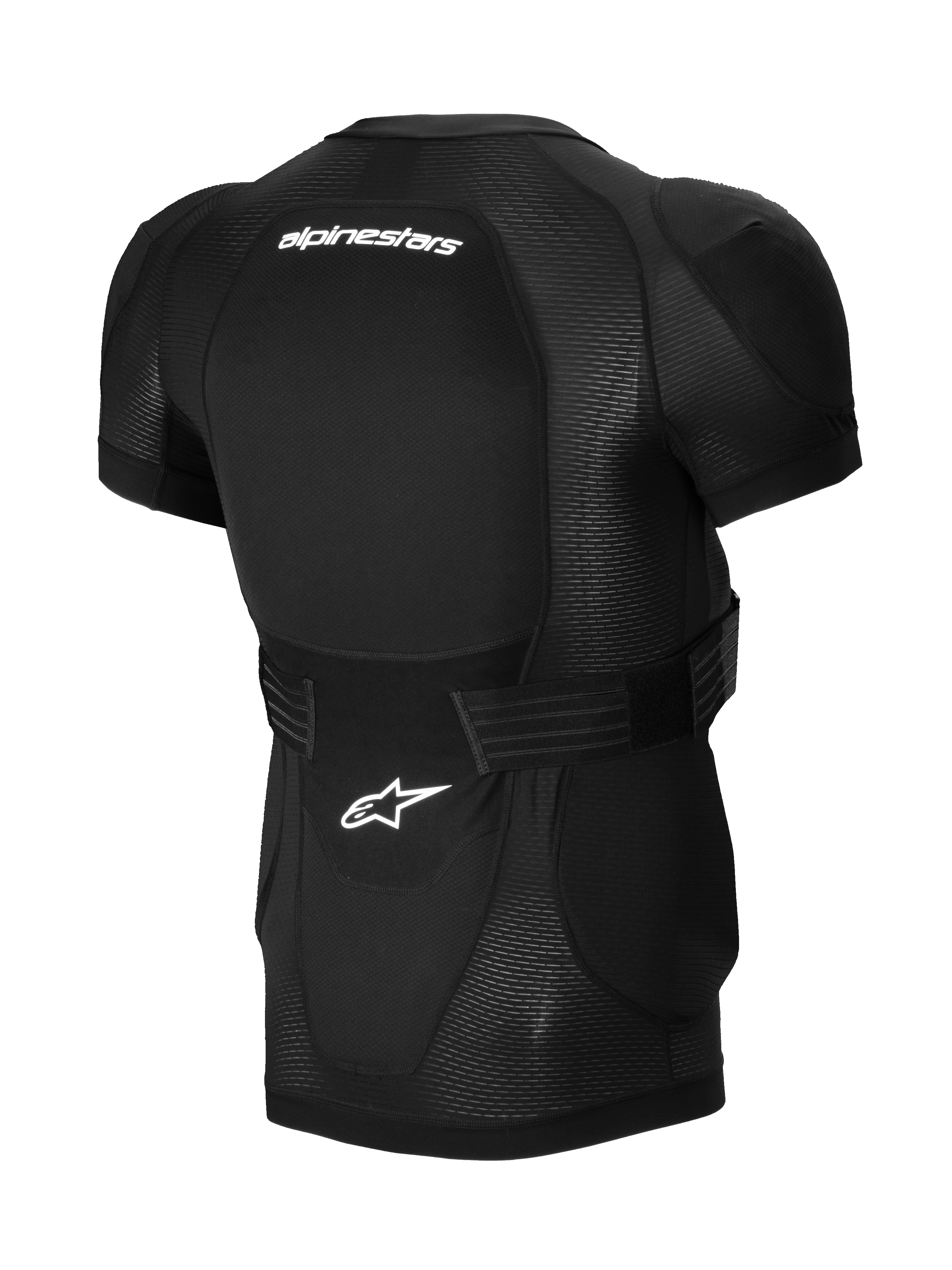 Alpinestars A-Impact Plasma Protection Jacket - krótki rękaw, czarna, widok z tyłu przedstawiający zintegrowany ochraniacz pleców, białe logo Alpinestars, regulowany pasek w talii oraz oddychająca konstrukcja z siatki dla ochrony MTB