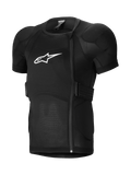 Alpinestars A-Impact Plasma Protection Jacket Short Sleeve, kurtka ochronna MTB, czarna, z wyściełanymi ramionami i pancerzem klatki piersiowej, przesunięty boczny zamek błyskawiczny, oddychająca żebrowana tkanina siatkowa i białe logo na piersi