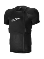 Alpinestars A-Impact Plasma Protection Jacket Short Sleeve, kurtka ochronna MTB, czarna, z wyściełanymi ramionami i pancerzem klatki piersiowej, przesunięty boczny zamek błyskawiczny, oddychająca żebrowana tkanina siatkowa i białe logo na piersi