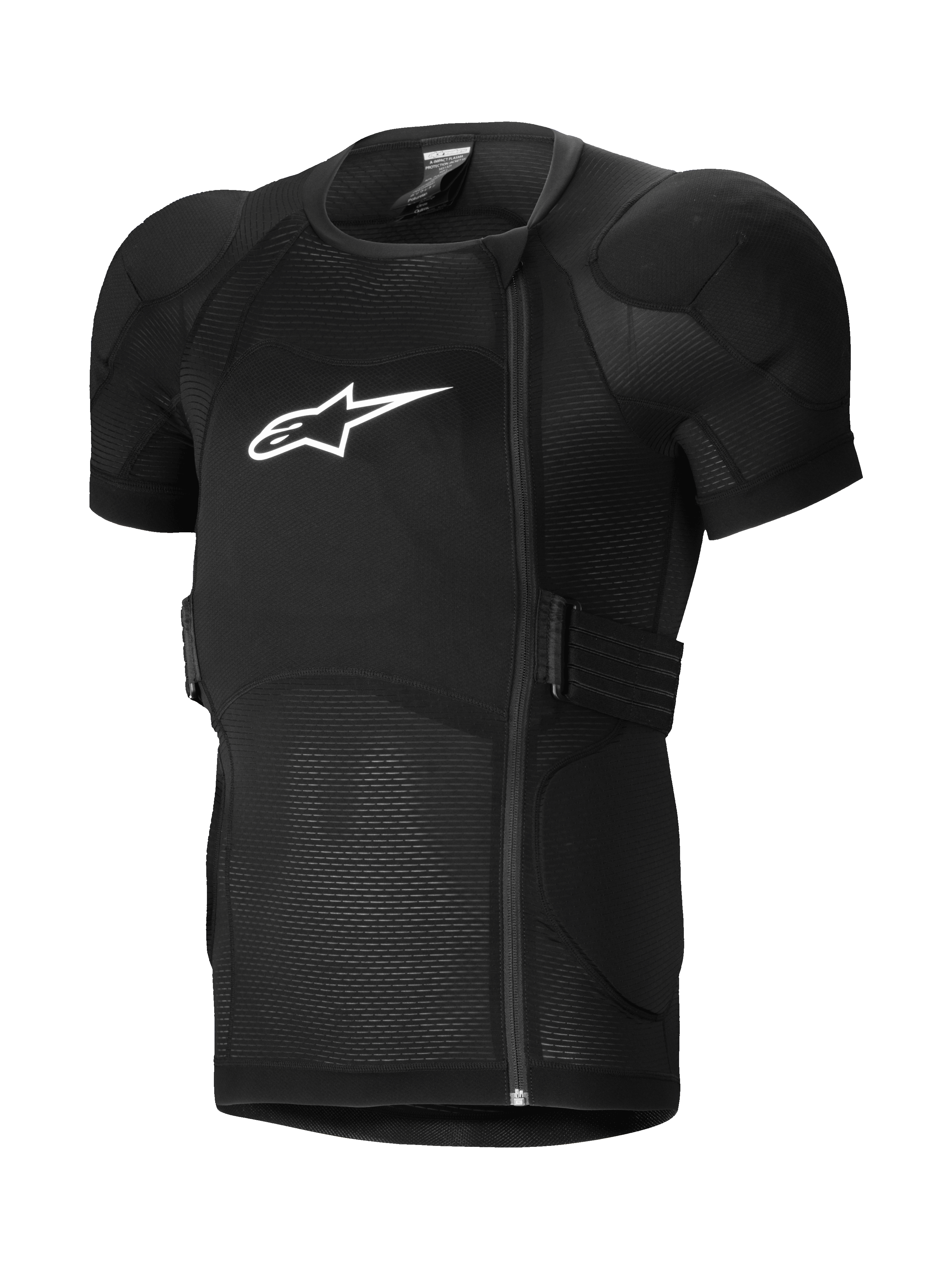 Alpinestars A-Impact Plasma Protection Jacket Short Sleeve, kurtka ochronna MTB, czarna, z wyściełanymi ramionami i pancerzem klatki piersiowej, przesunięty boczny zamek błyskawiczny, oddychająca żebrowana tkanina siatkowa i białe logo na piersi