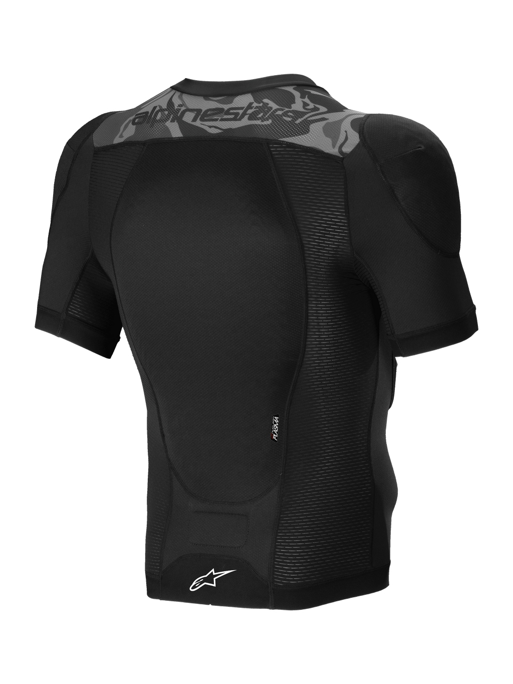Alpinestars A-Motion Plasma Protection Jacket Short Sleeve, kurtka ochronna MTB w kolorze czarnym kamuflaż, widok z tyłu pokazujący certyfikowany ochraniacz pleców CE Nucleon PLASMA oraz konstrukcję z elastycznej siatki