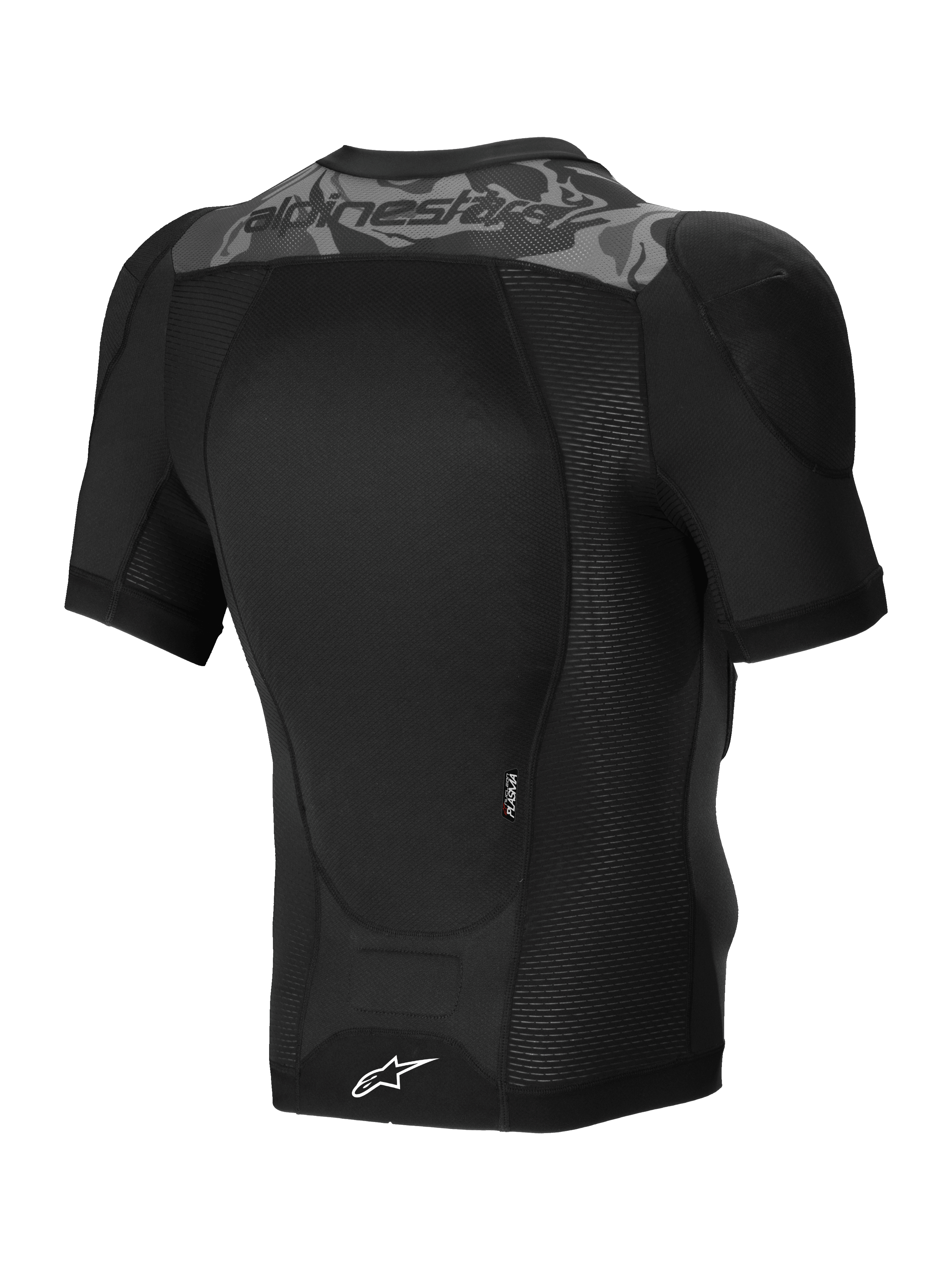 Alpinestars A-Motion Plasma Protection Jacket Short Sleeve, kurtka ochronna MTB w kolorze czarnym kamuflaż, widok z tyłu pokazujący certyfikowany ochraniacz pleców CE Nucleon PLASMA oraz konstrukcję z elastycznej siatki