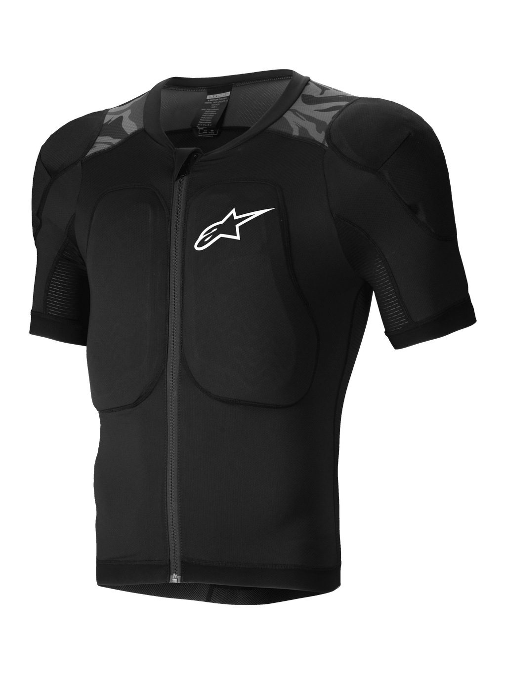 Alpinestars Kurtka Ochronna A-Motion Plasma, krótki rękaw, czarna z motywem moro, certyfikowane ochraniacze Nucleon Plasma, elastyczna siatkowa konstrukcja do jazdy MTB