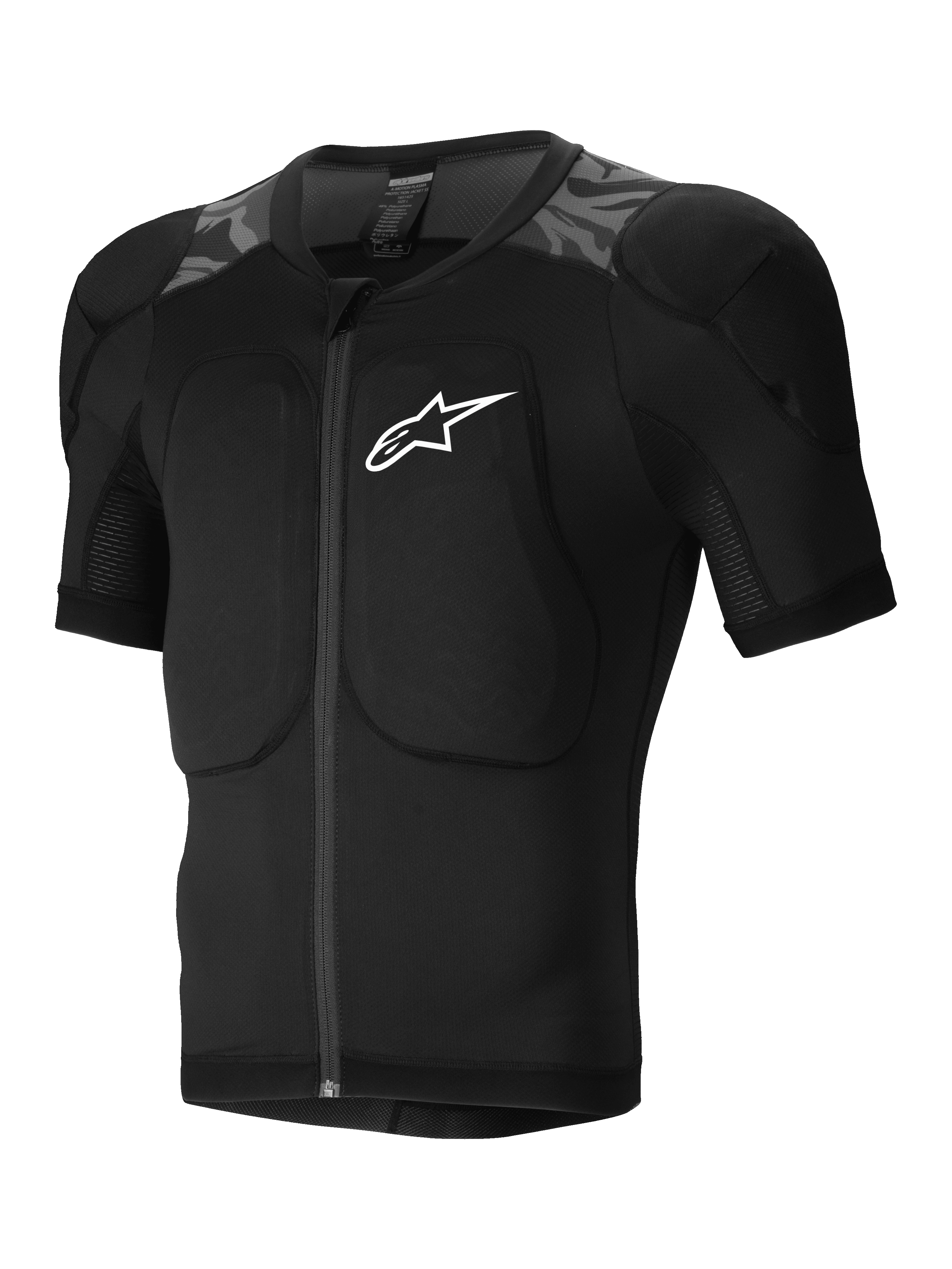 Alpinestars Kurtka Ochronna A-Motion Plasma, krótki rękaw, czarna z motywem moro, certyfikowane ochraniacze Nucleon Plasma, elastyczna siatkowa konstrukcja do jazdy MTB
