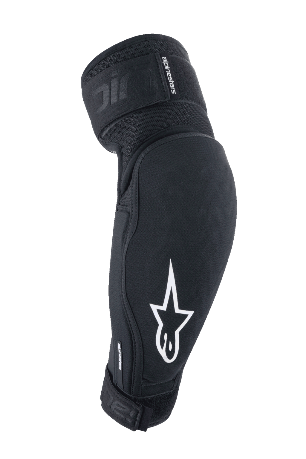 Alpinestars A-Impact Plasma Elite Elbow Protectors, czarno-białe, sprzęt ochronny MTB z białym logo gwiazdy, oddychająca teksturowana tkanina, regulowane paski z zapięciem na rzep, wstępnie zakrzywiony ergonomiczny design