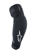 Alpinestars A-Impact Plasma Elite Elbow Protectors, czarno-białe, sprzęt ochronny MTB z białym logo gwiazdy, oddychająca teksturowana tkanina, regulowane paski z zapięciem na rzep, wstępnie zakrzywiony ergonomiczny design