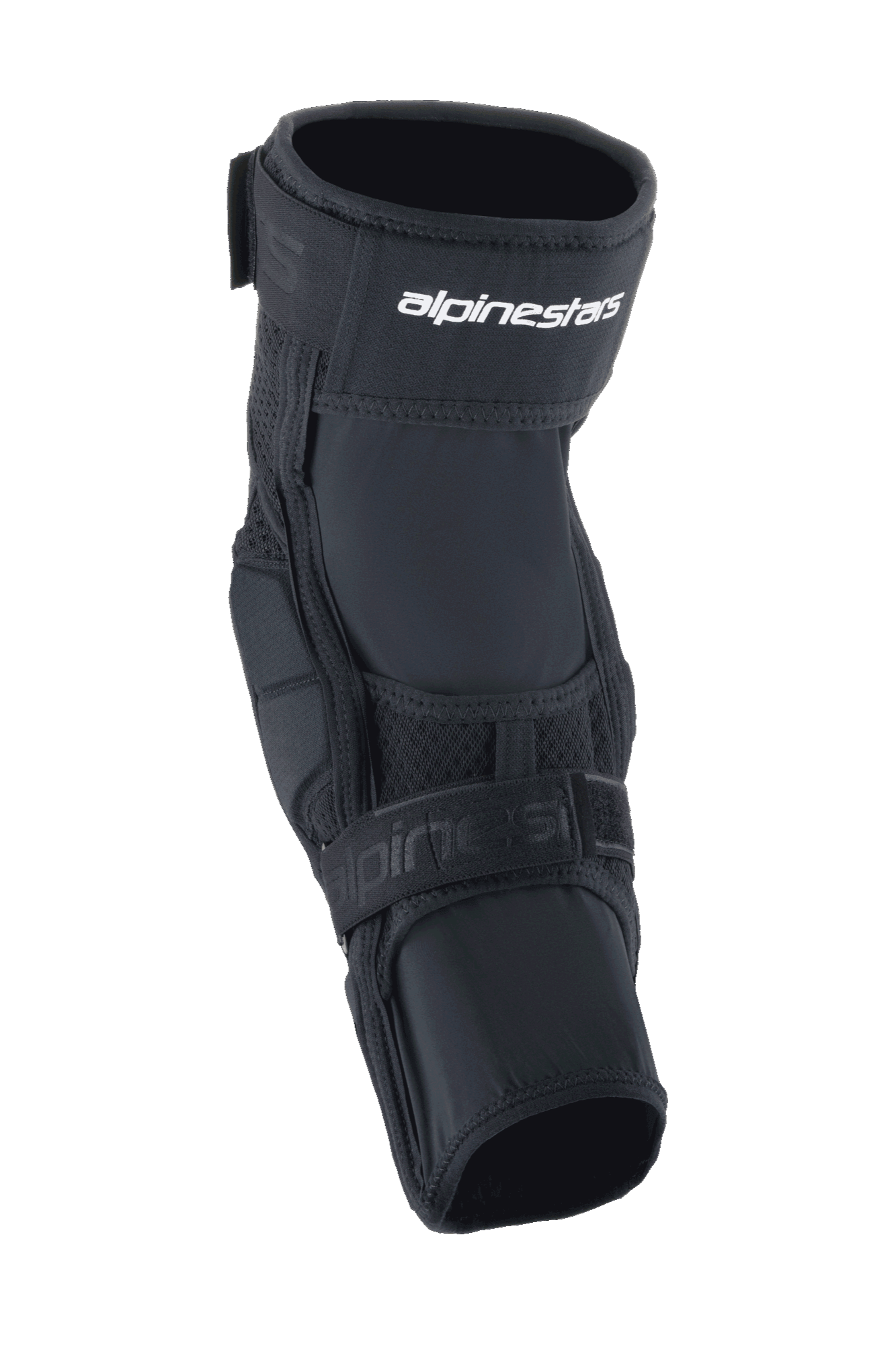 Alpinestars A-Impact Plasma Elite Knee Protector, rowerowy ochraniacz kolan, czarno-biały, system podwójnego zapięcia z białym logo Alpinestars, panele z siateczki, ergonomiczna wstępnie zakrzywiona konstrukcja zapewniająca ochronę przed uderzeniami MTB