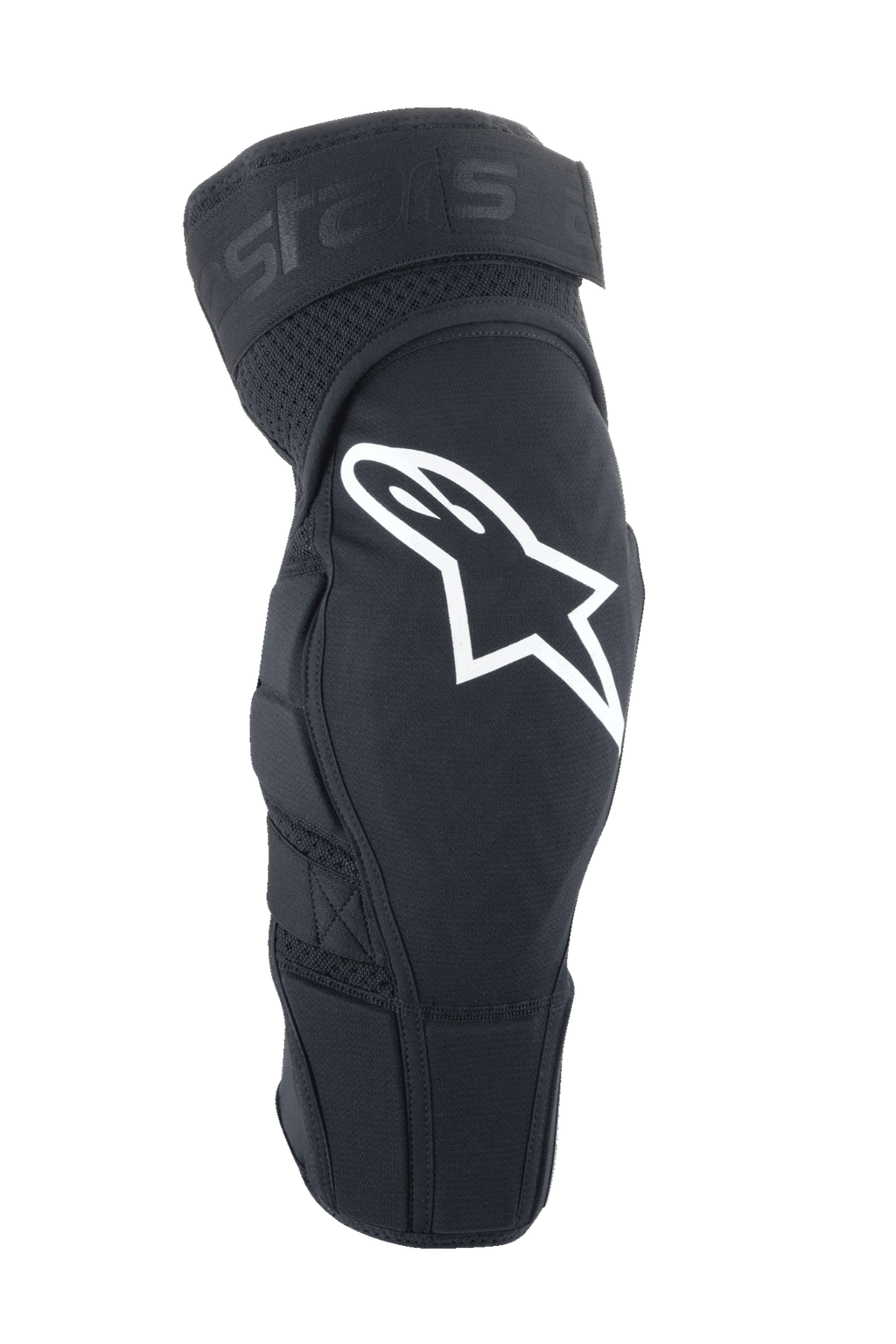 Alpinestars A-Impact Plasma Elite, ochraniacze na kolana MTB, czarne z białym logo Astar, ergonomiczna wstępnie zakrzywiona konstrukcja z wentylacyjną siatką, regulowane podwójne zapięcie na paski