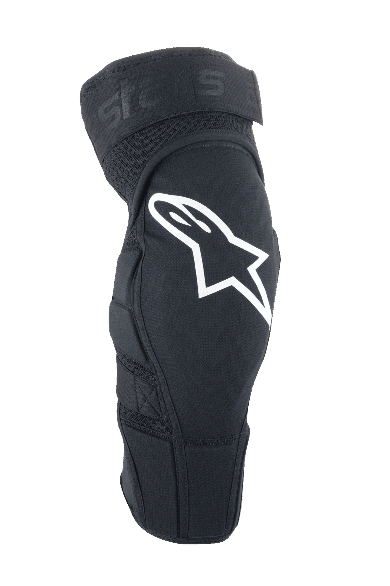 Alpinestars A-Impact Plasma Elite, ochraniacze na kolana MTB, czarne z białym logo Astar, ergonomiczna wstępnie zakrzywiona konstrukcja z wentylacyjną siatką, regulowane podwójne zapięcie na paski