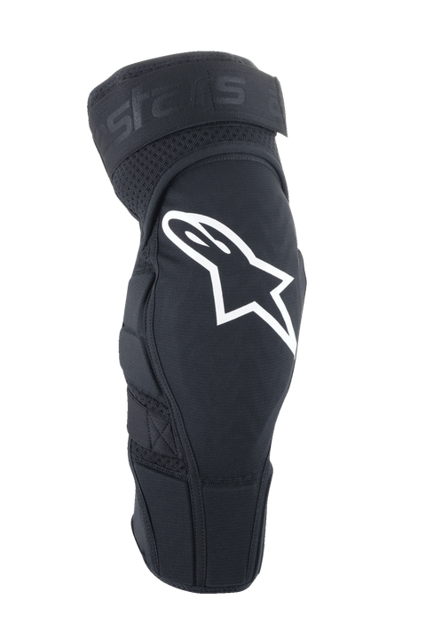 Alpinestars A-Impact Plasma Elite, ochraniacze na kolana MTB, czarne z białym logo Astar, ergonomiczna wstępnie zakrzywiona konstrukcja z wentylacyjną siatką, regulowane podwójne zapięcie na paski