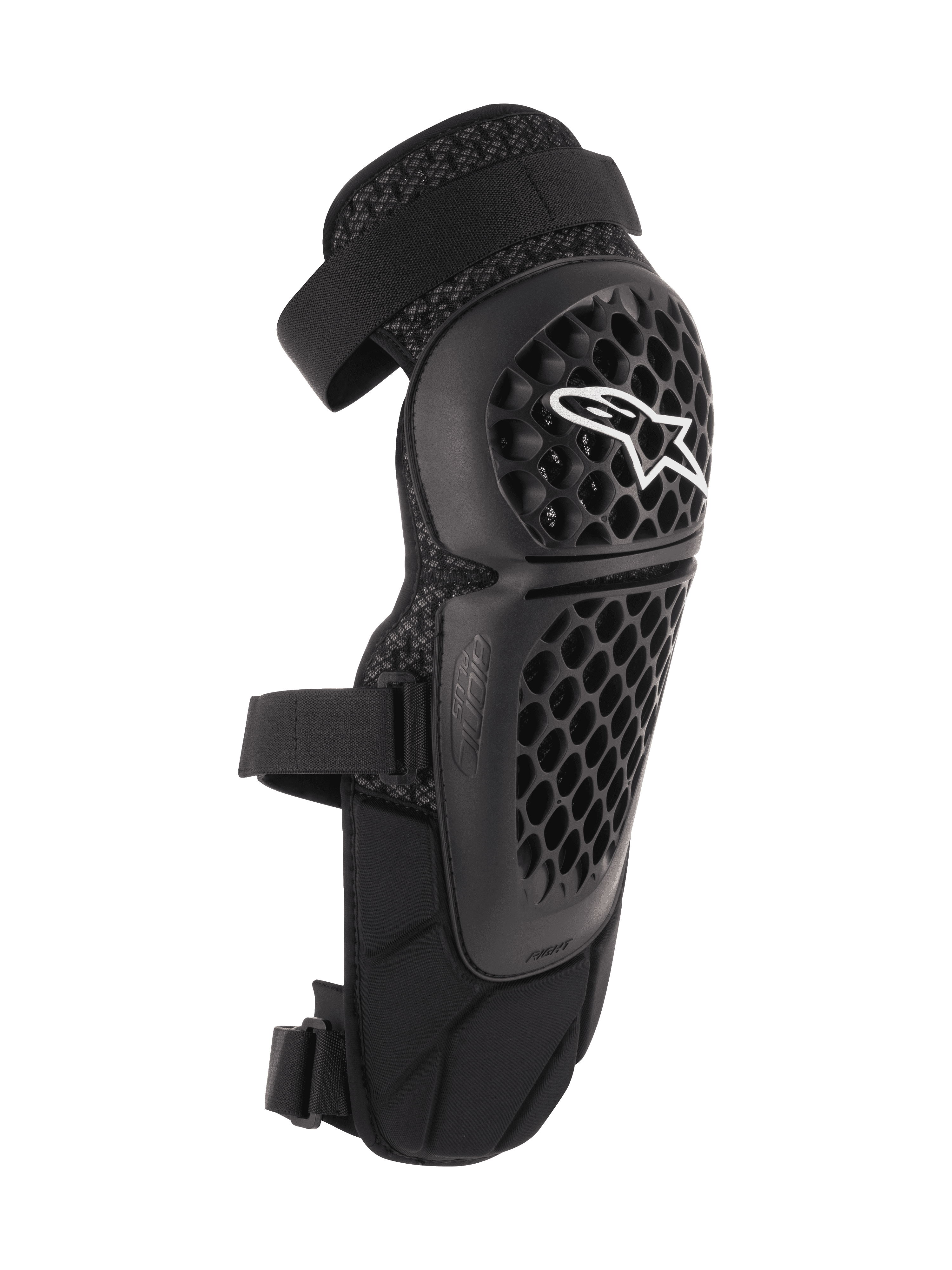 Alpinestars Bionic Plus, ochraniacze na kolana i golenie, czarne, ochrona off-road i MTB, perforowana skorupa o strukturze plastra miodu z białym logo Alpinestars, podwójne regulowane paski, wentylacja z siatki 3D, ergonomiczny zakrzywiony kształt