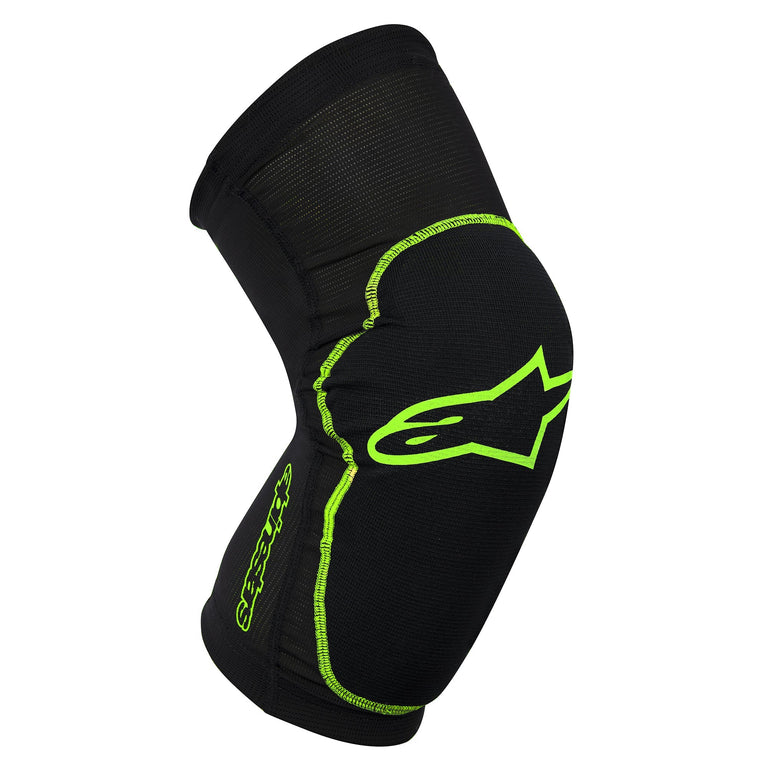 Alpinestars Paragon Knee Guard, ochraniacz na kolano, czarny z zielonymi akcentami, elastyczny materiał, wyprofilowany kształt, ochrona sportowa