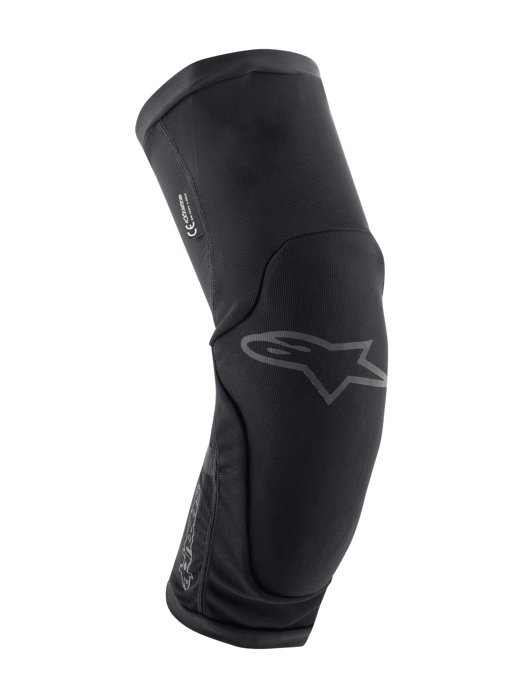 Ochraniacze na kolana Alpinestars Paragon Plus, ochrona kolan MTB, czarne, ergonomiczna zakrzywiona konstrukcja z oddychającej, elastycznej siateczki, wsuwane, subtelne szare logo Astar z przodu