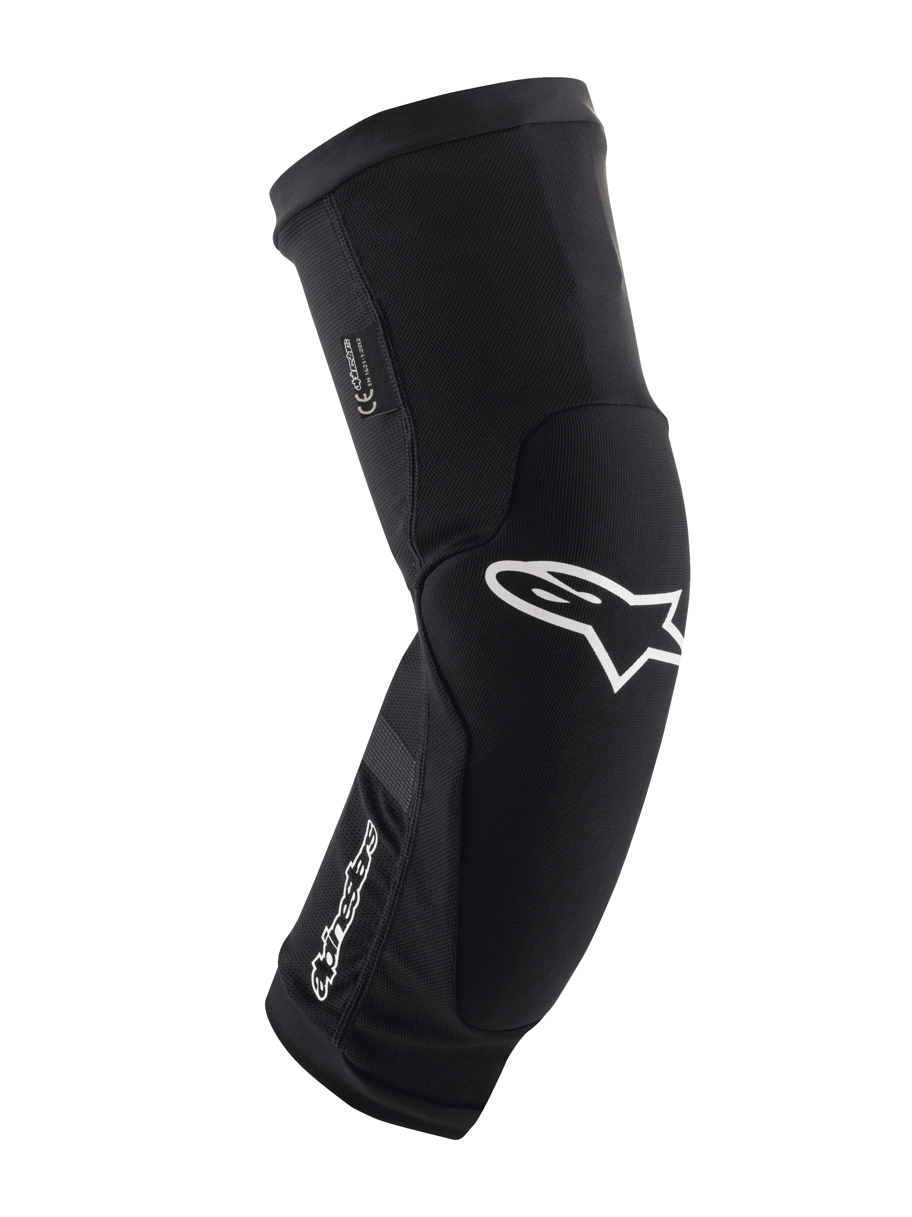 Alpinestars Paragon Plus Knee Protectors, czarno-białe, ochraniacze na kolana MTB, oddychający wsuwany rękaw z siatki, zakrzywiona ergonomiczna konstrukcja z białym logo gwiazdy, wyściełana konstrukcja do jazdy w terenie