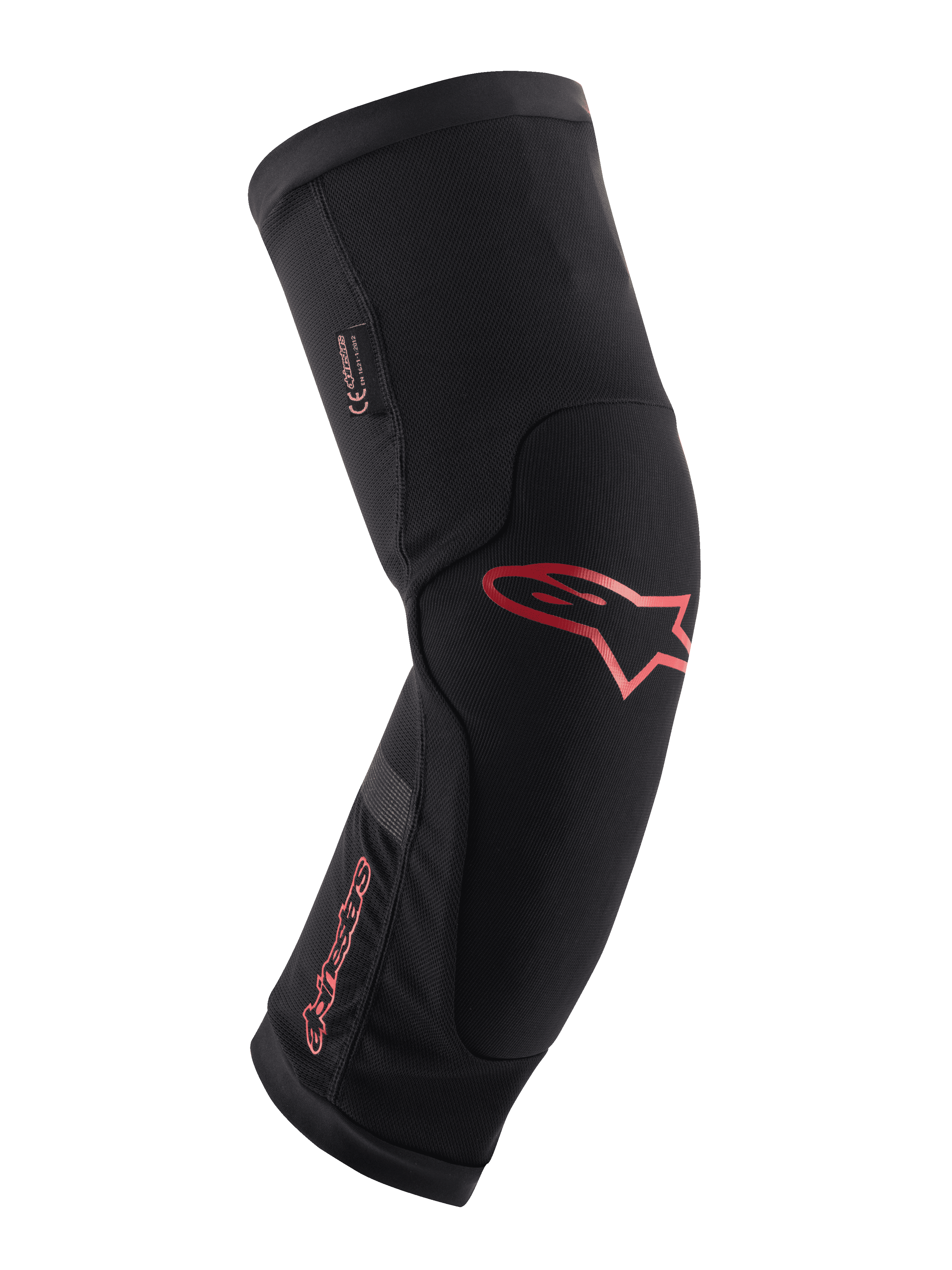 Alpinestars Paragon Plus Knee Protector, Black with Red Alpinestars logo and wordmark, ergonomic slip-on sleeve design, breathable mesh fabric with reinforced panels, mountain biking protective gear