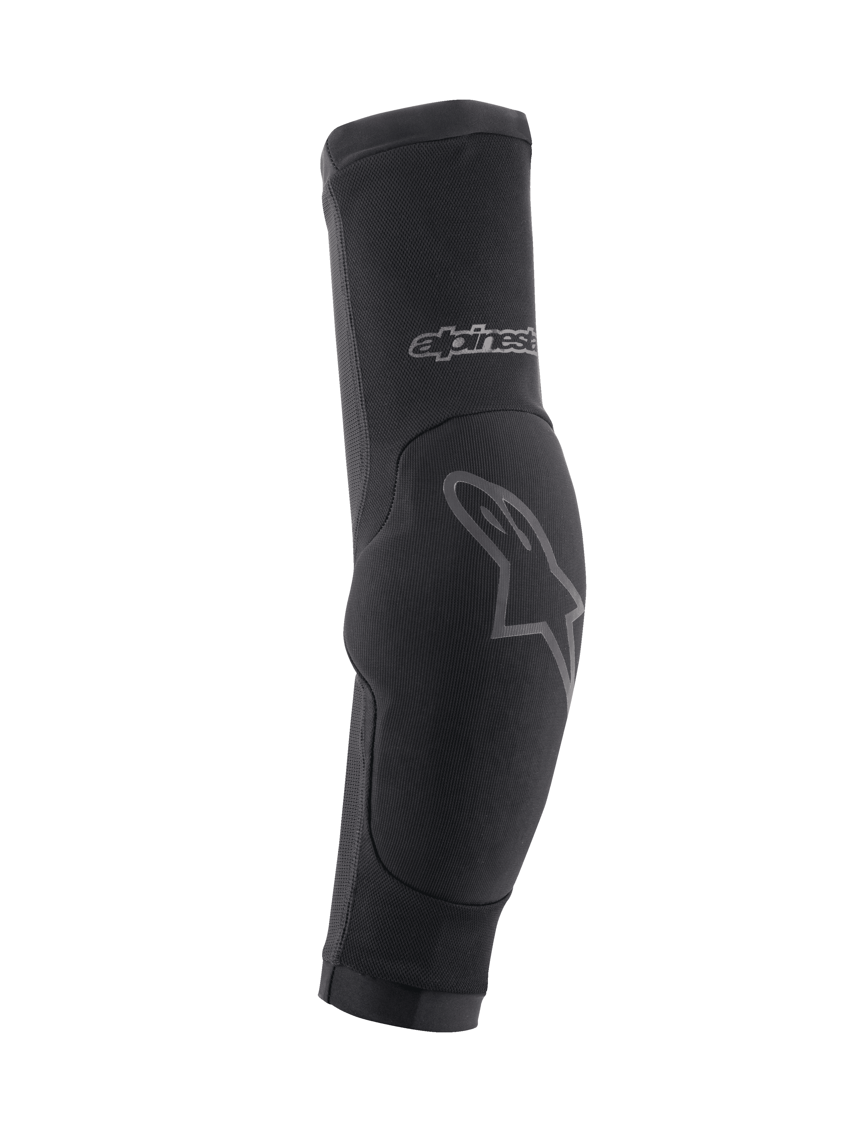 Alpinestars Paragon Plus, ochraniacze na łokcie MTB, czarne z szarymi akcentami logo, wsuwana konstrukcja z wyściełaną częścią łokciową i oddychającym materiałem siatkowym, sprzęt ochronny do jazdy terenowej